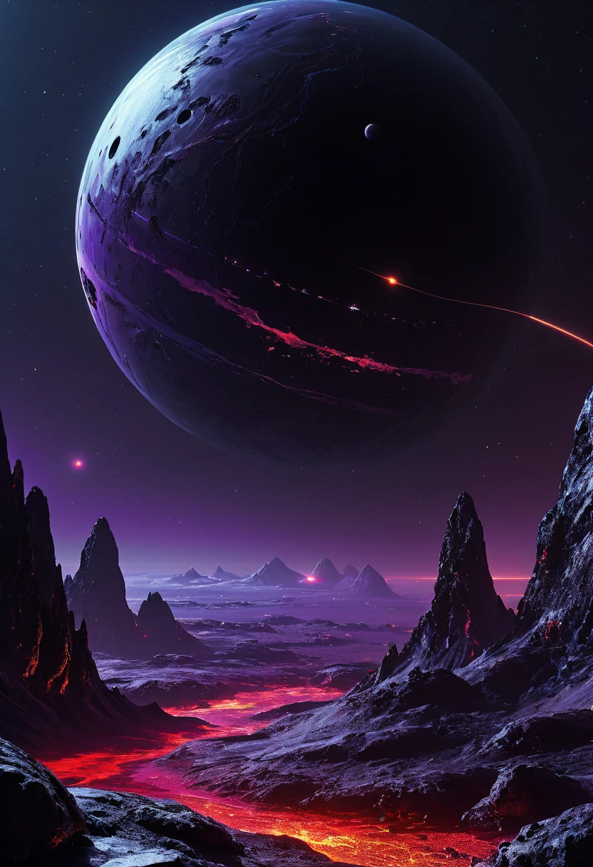  create a vision of two dark purple rocky planets superimposed on dark night outer space seen from the surface of a mountainous planet with a polished black and red cyberpunk-style metallic tile surface at night in the distance, Is there an erupting volcano spewing beautiful bursts of glowing lava into the air,  has a large and tall building like a dark gray research station with illuminated windows ,  Space is dark and you can only see one side of the planets through the dense atmosphere , total darkness, Black Horizon , ,  as realistic as possible, the sun is out of the picture