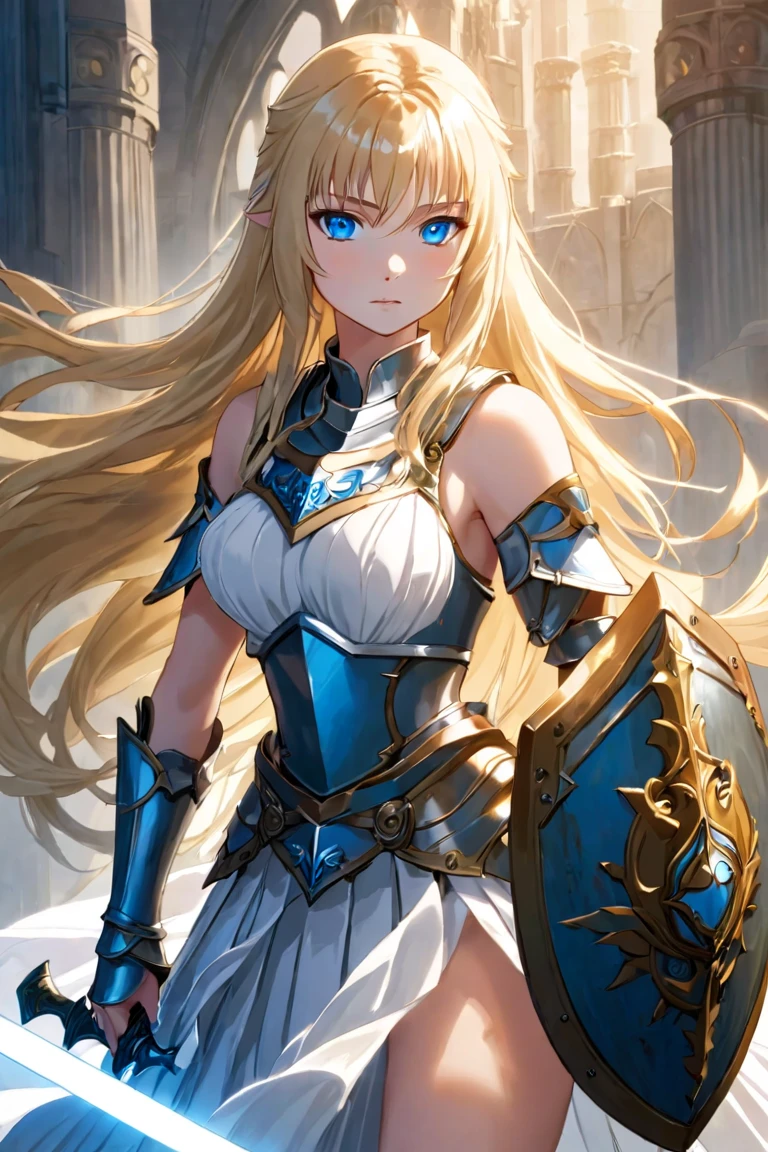 A beautiful warrior, long blonde hair, blue eyes, small breasts, armor and white pleated skirt. 