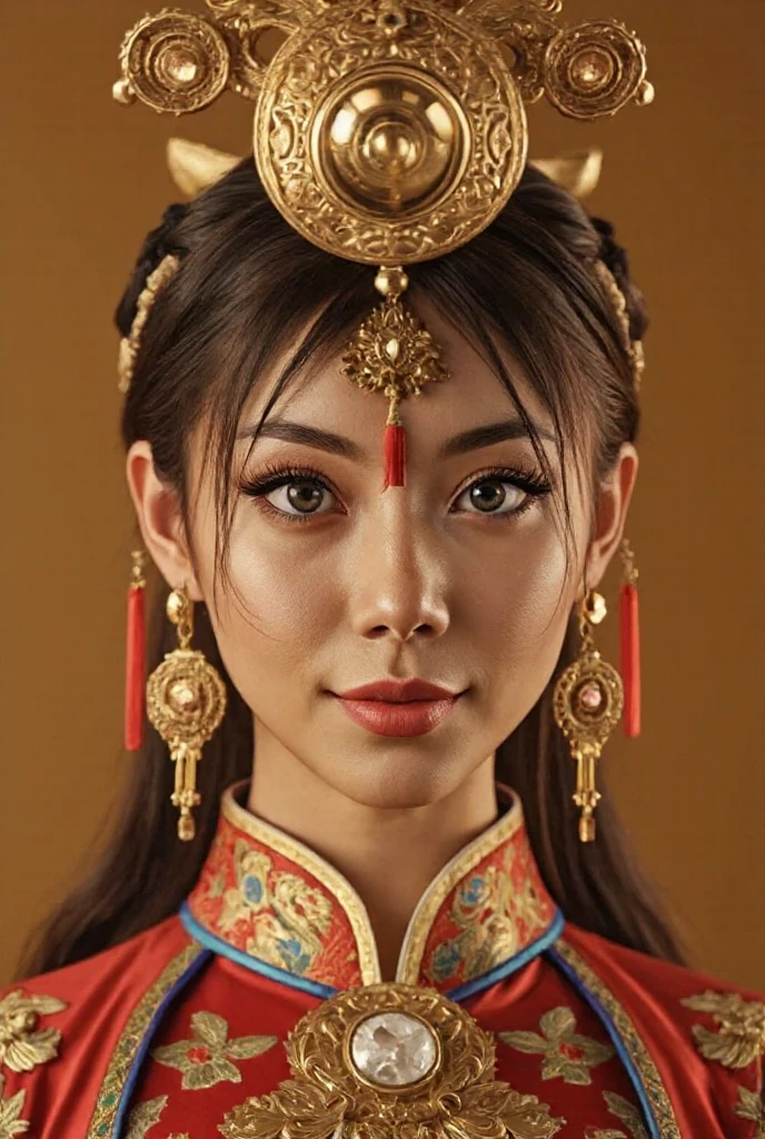 1girl, beautiful detailed eyes, beautiful detailed lips, extremely detailed face and features, long eyelashes, china dress, light smile, closed mouth, cowboy shot, origin, simple background, best quality, 4k, 8k, highres, masterpiece:1.2, ultra-detailed, realistic, photorealistic:1.37, HDR, UHD, studio lighting, professional, vivid colors, bokeh