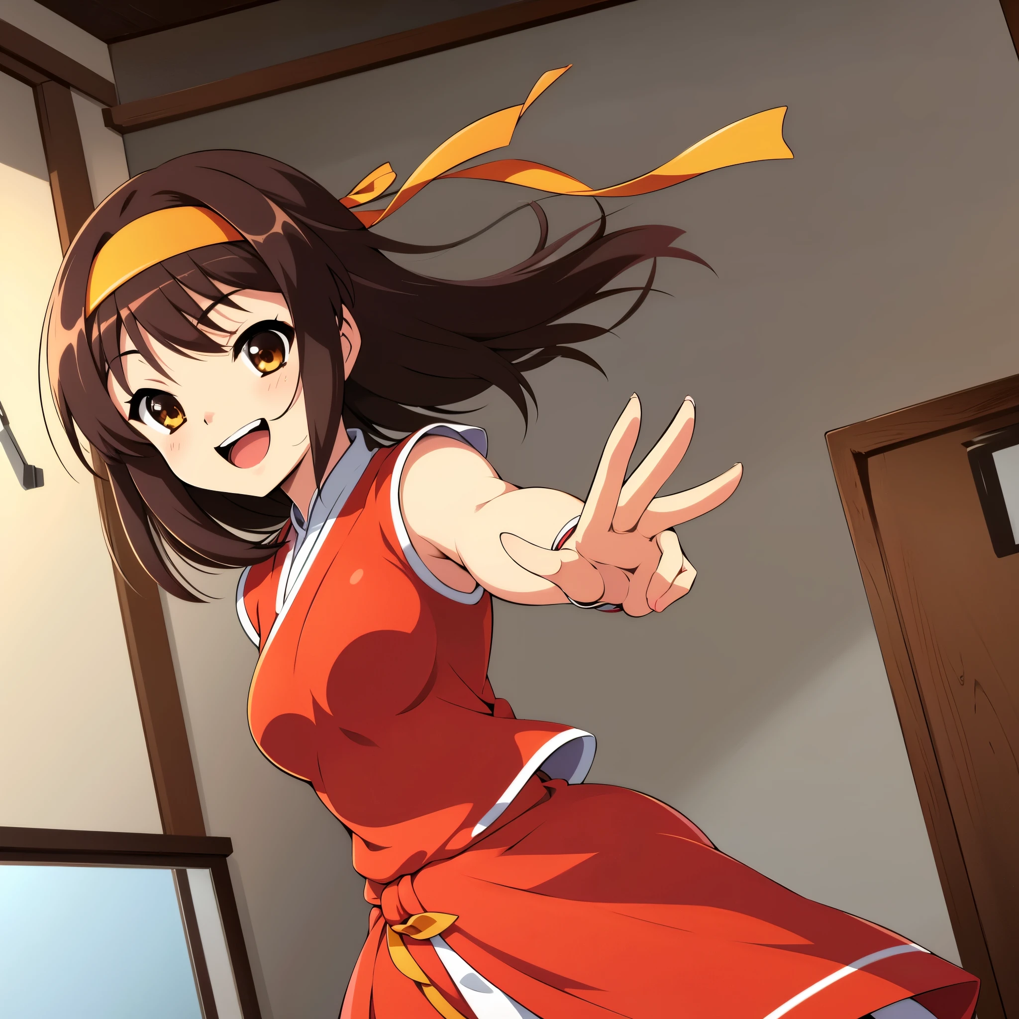 indoor, 1 female inside chinese room, focus face, from side, wearing red china dress, break , looking away, big laugh, happy smile, anime style, 8k, masterpiece, ultra high res, yellow headband, shoot hair,