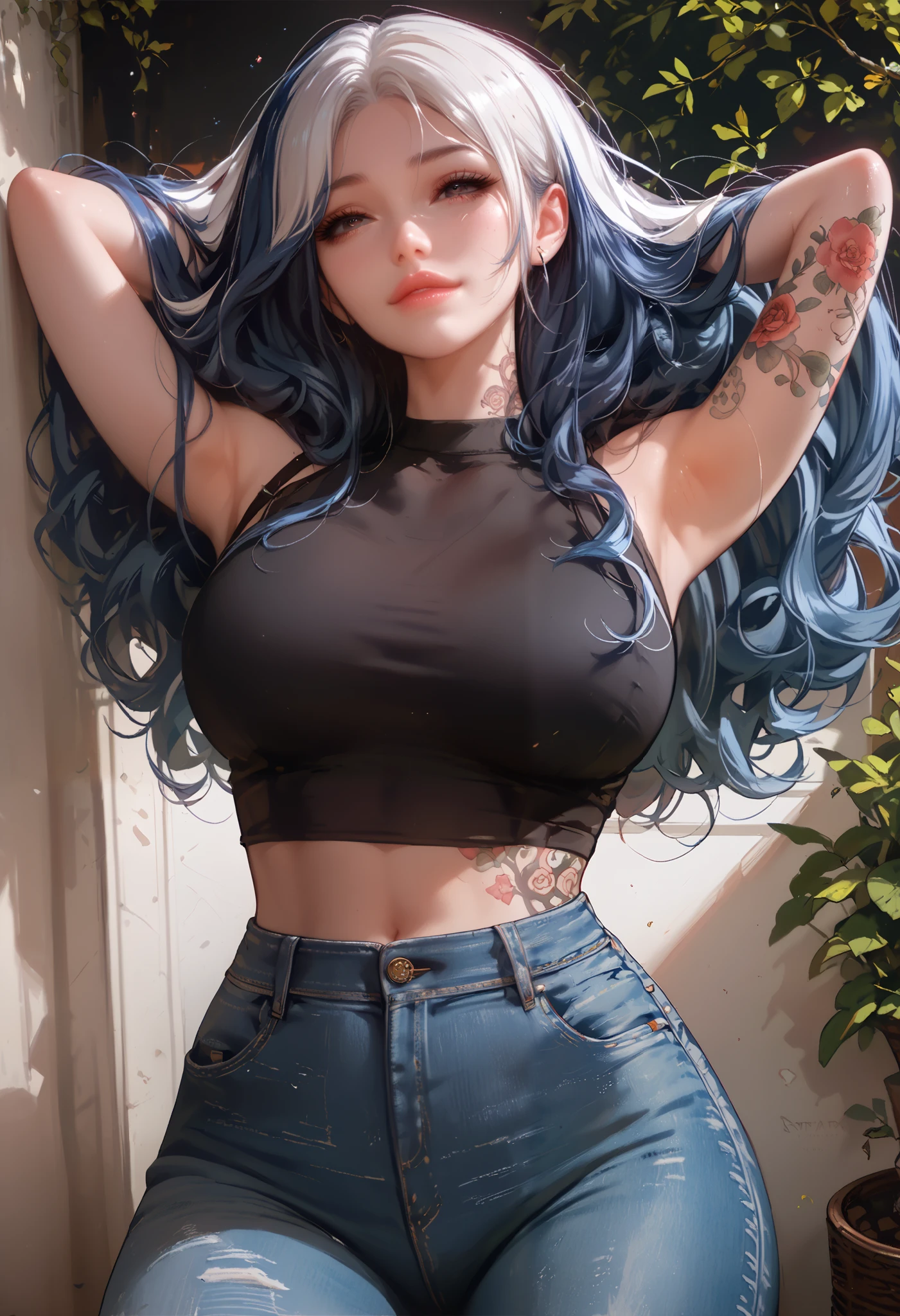 a beautiful woman , milf, light and shadow, pretty face, blue hair, white hair, black top, jeans, Arms full of tattoos, posing
