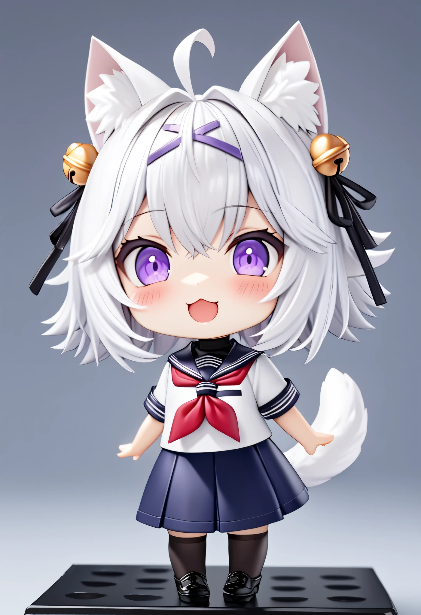 master piece, best quality, ultra-detailed, illustration, 1girl, solo, chibi, (big head), cute pose, front view, looking at viewer. Filiansailor, ((purple hairclip)), hair bell white hair, short hair, cat ears, ahoge, purple eyes, blush, laughing, fluffy tail, serafuku, black turtleneck, short sleeve, red neckerchief, blue skirt, black stockings, black shoes, nendoroid, ((simple background)),