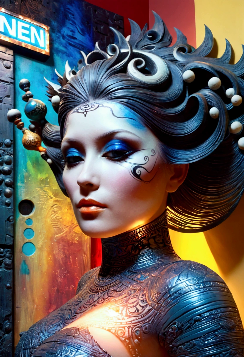 a surreal young woman in a thai style half body abstract sculpture, detailed face and body, intricate textures, striking colors, dynamic composition, ethereal atmosphere, (best quality,8k,highres,masterpiece:1.2),ultra-detailed,(realistic,photorealistic,photo-realistic:1.37),dynamic lighting,dramatic shadows,glowing highlights,vibrant colors,dreamlike,mystical,conceptual art