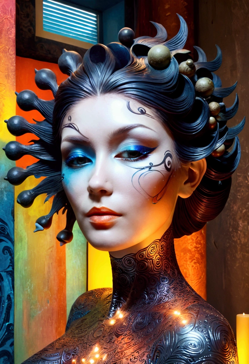 a surreal young woman in a thai style half body abstract sculpture, detailed face and body, intricate textures, striking colors, dynamic composition, ethereal atmosphere, (best quality,8k,highres,masterpiece:1.2),ultra-detailed,(realistic,photorealistic,photo-realistic:1.37),dynamic lighting,dramatic shadows,glowing highlights,vibrant colors,dreamlike,mystical,conceptual art