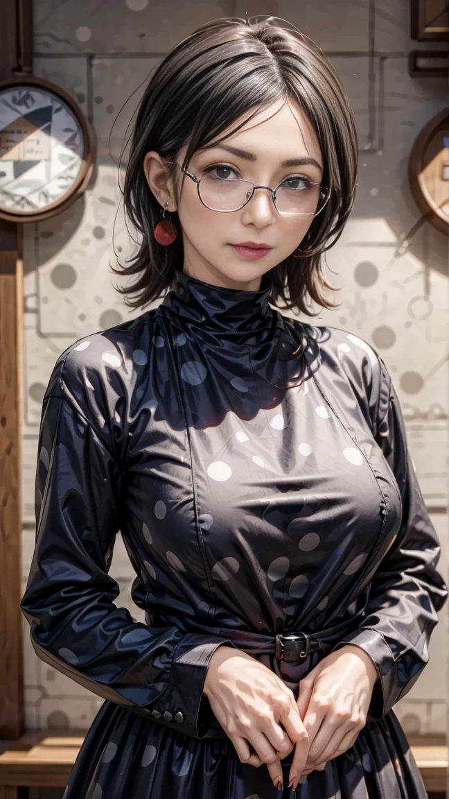 超Practical,Reality,Practical,30 years old Korean adult,Solitary, woman, Bronze skin, curls, (((short hair))), Light mahogany hair, Lipstick, Eyeliner, eyelash, thick eyelash, Huge Breasts, Linen coat, (Navy Cape), Glasses, Fantasy Village, mature woman