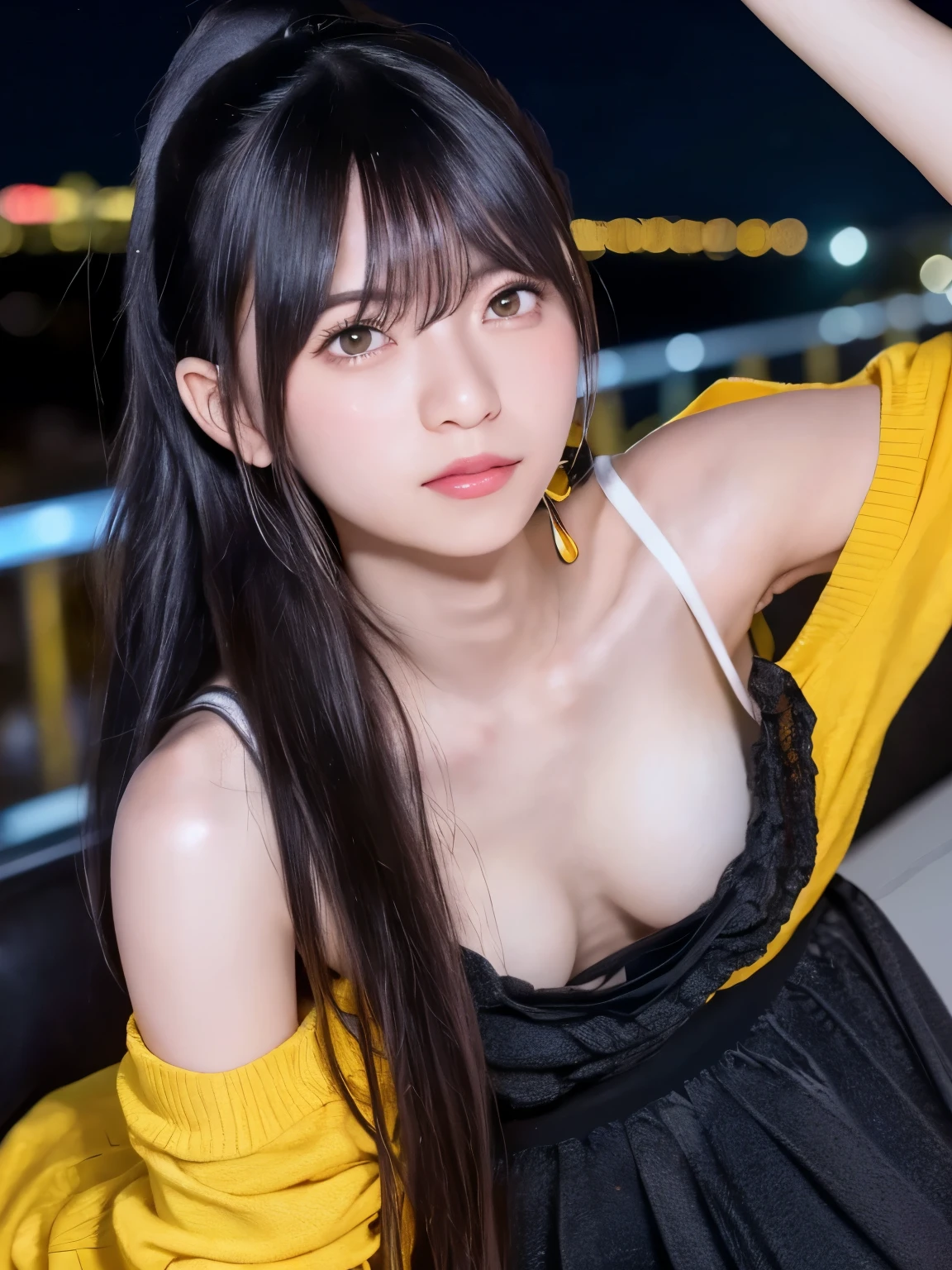 1girl, solo, teenager, Slender Body, (huge Breasts:1.25), (pointy breasts:1,25), Low Height, (cute Japanese girl), smile, Looking at camera, close up,
break
Professional photo-realistic images, (8k, RAW photo, best quality, masterpiece:1.2), (realistic, photo-realistic:1.4), (extremely detailed 8k wallpaper), sharp focus, depth of field, blur background, bokeh, cinematic lighting, soft light,
break
sakuya shirase, black hair, ((hair between eyes, long hair, ponytail)), (yellow eyes:1.5),
break
POV, oversized sweater, downblouse, leaning forward, braless,  
araffe wheel in the distance of a city street at night, nighttime!!, scenic view at night, nighttime!, wonderland at night, night view, nighttime!!!!!!, at nighttime, vivid!!, ( ferris wheel ), night shot, wide-shot, wide - shot, japanese city at night, residential area, photo taken at night, (neotokyo)