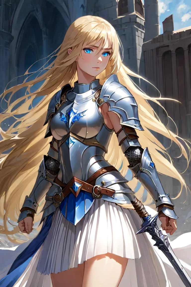 A beautiful warrior, long blonde hair, blue eyes, small breasts, armor and white pleated skirt. 