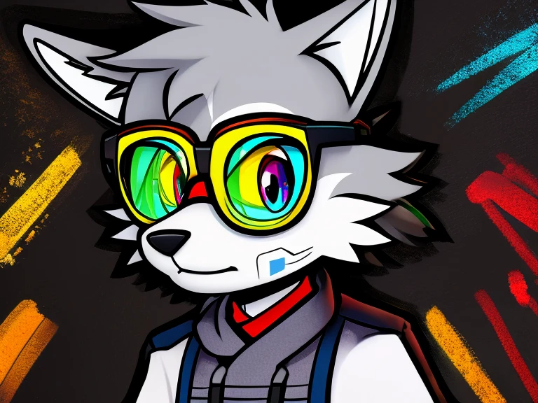 Furry boy, gray wolf, lines on face, detailed body, plain clothes, protective glasses, different colored eyes, modern art, best high quality, masterpiece, black background 