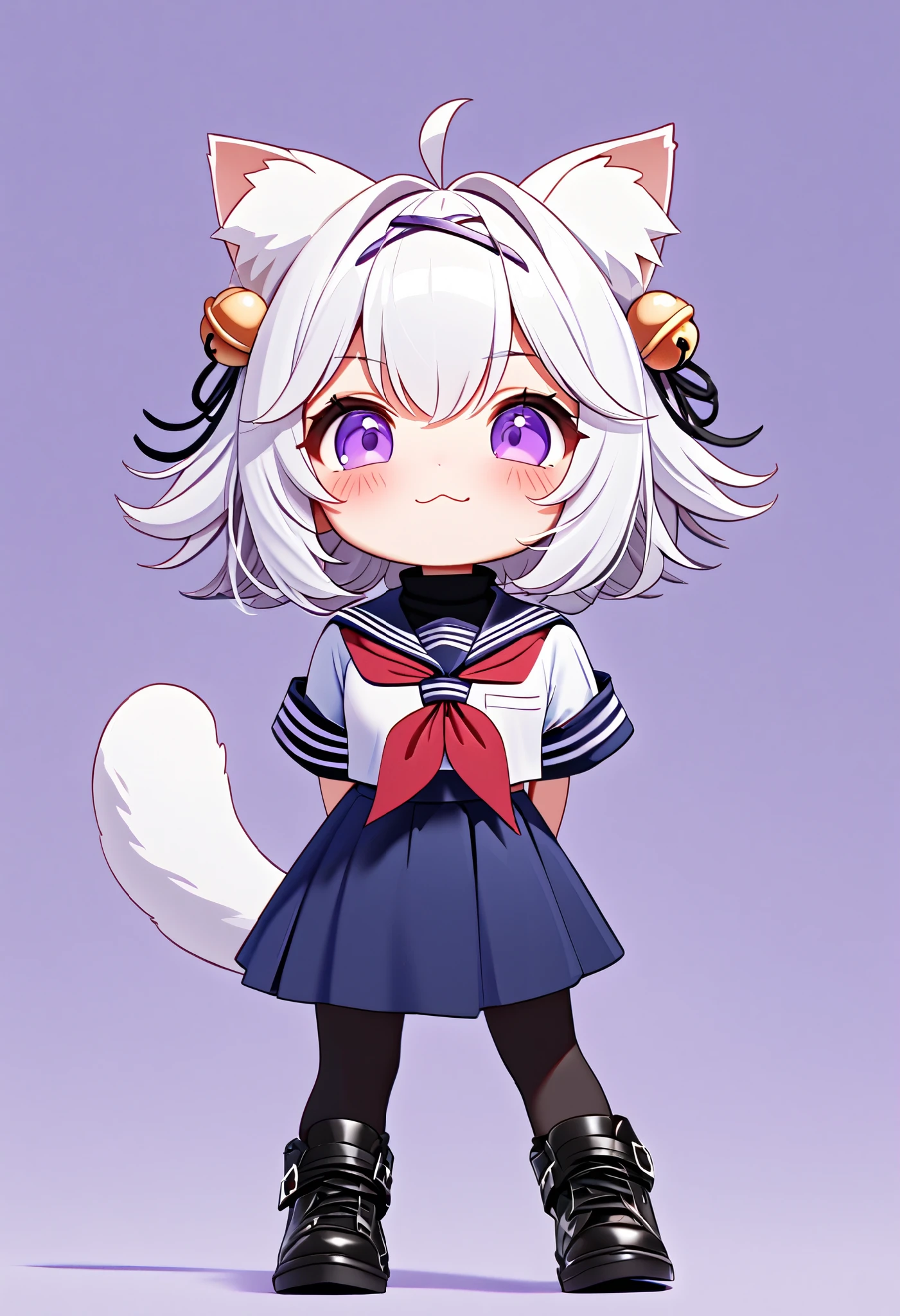 master piece, best quality, ultra-detailed, illustration, 1girl, solo, chibi, (big head), cute pose, front view, looking at viewer. Filiansailor, ((purple hairclip)), hair bell, white hair, short hair, cat ears, ahoge, purple eyes, blush, laughing, fluffy tail, serafuku, black turtleneck, short sleeve, red neckerchief, blue skirt, black stockings, black shoes, ((simple background)), 