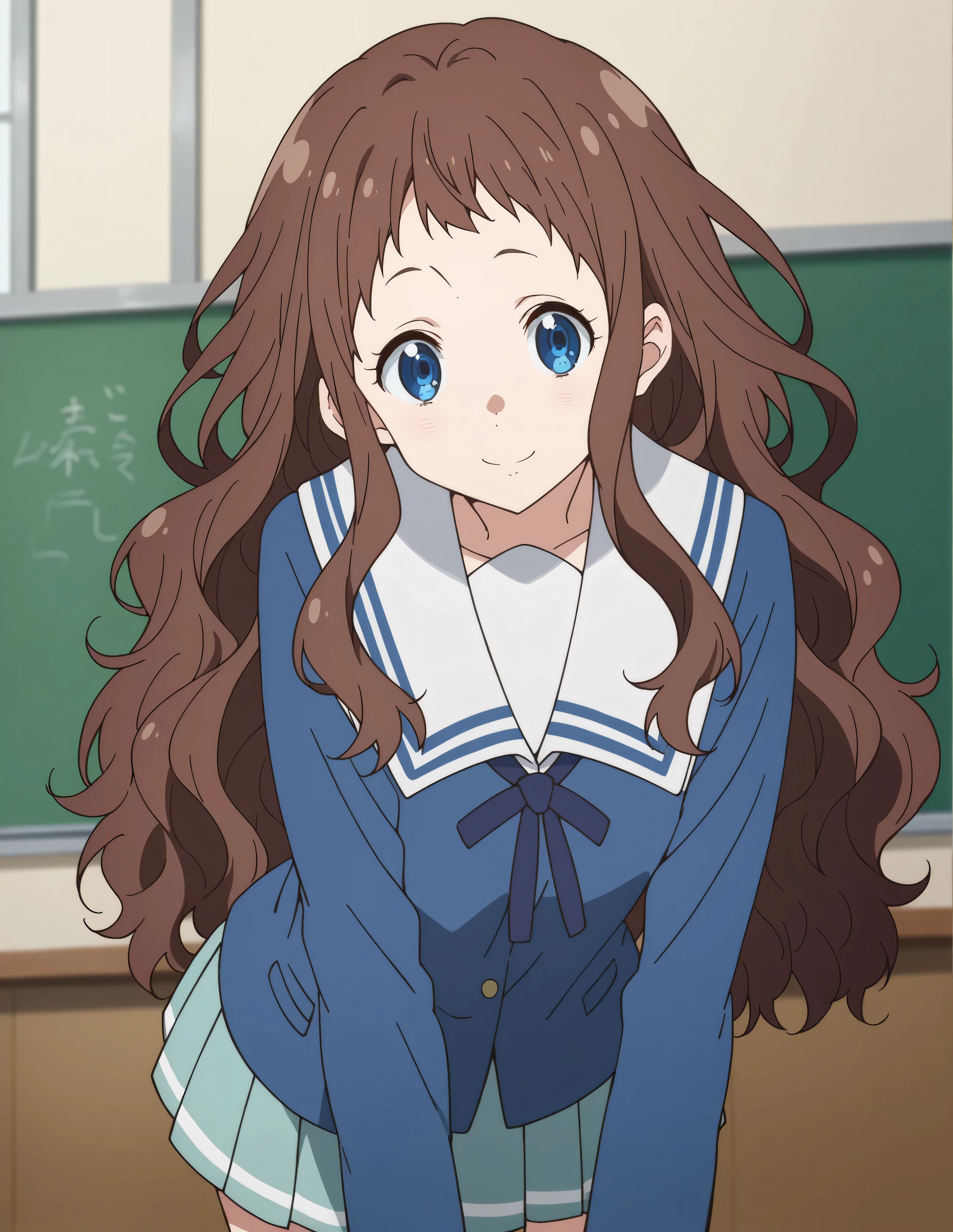 score_9, score_8_up, score_7_up, source_anime,
aishindou, ai shindou, long hair, blue eyes, brown hair, wavy hair,
skirt, long sleeves, school uniform, pleated skirt, sailor collar,
indoors, classroom, bent over, smile,
looking at viewer, cowboy shot, dutch angle, solo,