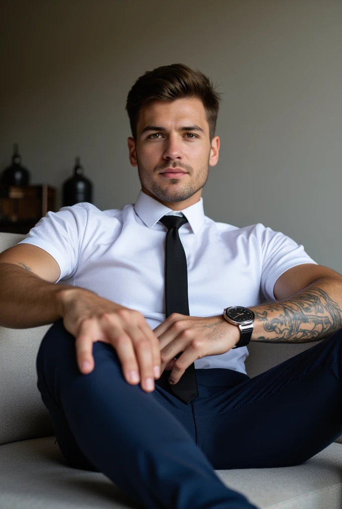 Best Quality,4k,8k,High resolution,masterpiece:1.2),ultra detailed man 23 years old,handsome young man, brown perfect face,, Sweet ,perfect lighting taken 2021 man with tattoo on neck deep navy blue button down shirt sitting in chair masculine man white skinned man sitting manly gold watch