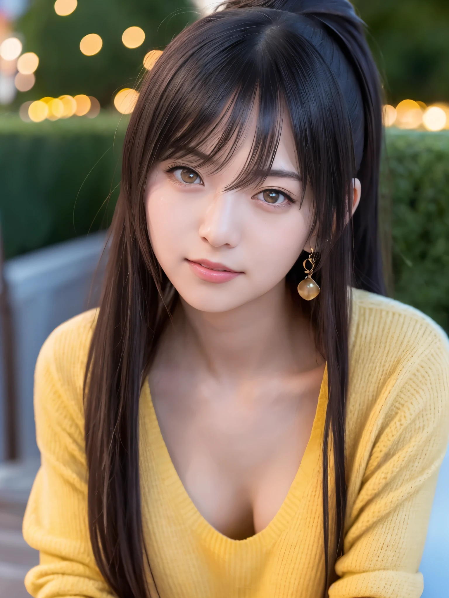 1girl, solo, teenager, Slender Body, (huge Breasts:1.25), (pointy breasts:1,25), Low Height, (cute Japanese girl), smile, Looking at camera, close up,
break
Professional photo-realistic images, (8k, RAW photo, best quality, masterpiece:1.2), (realistic, photo-realistic:1.4), (extremely detailed 8k wallpaper), sharp focus, depth of field, blur background, bokeh, cinematic lighting, soft light,
break
sakuya shirase, black hair, ((hair between eyes, long hair, ponytail)), (yellow eyes:1.5),
break
POV, oversized sweater, downblouse, leaning forward, braless,  
arafed cruise ship docked in a harbor with people sitting at tables, taken with sony a7r camera, at dusk!, postprocessed), shot on leica sl2, taken with sony alpha 9, taken in 2 0 2 0, queen elizabeth, photo taken in 2 0 2 0, taken on iphone 14 pro, taken with canon 8 0 d, on ship,