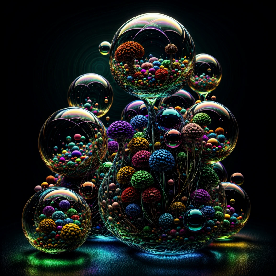 A close up of beautiful bubbles floating on top of each other, LSD, DMT imagery. octane render, psychedelic droplets of water, abstract liquid, and intricate rainbow art. octane render, black 3d fluid simulation,  ethereal bubbles, swirling liquids, and highly detailed, octane render, reflective rainbow bubbles, twisted colors inside of glass spheres, Psilocybin Dream inside an amazing image of light emerging from colors in a shimmering glass morphing out of colors, bright neon and fluorescent colors,very bright, vibrant colors, perfectly formed and symmetrical reflective bubbles and spheres, attention to detail with these beautiful bubbles and spheres, Extreme Hallucinations in a gorgeous piece of  psychedelic digital artwork, Stunning, pixel art, tripped out colors, 4d mandelbulb psychedelics, glass like psychedelic landscape, intricate rainbow environment, psychedelic underwater brightness and glow with neon colors, glowing colors twist inside of translucent glass spheres and bubbles with light and color reflecting off of both in bright fluorescent colors, psychedelic trip, fluorescent and neon aesthetic, psychedelic vibrant colors, bright psychedelic paint splattered backgrounds,swirling spirals and vortex, bright vibrant colors popping out from 3d glass spheres, Rotational Symmetry, Pixel Assets, Portrait photography, Surrealism, Photorealistic, Hyperdetailed, Glass Morphism, Digital Art, Sparkle, Optical Illusion, Glowing Light, Reflective Light, Overexposure, Backlighting, Depth Of Field, Spheres and bubbles show perfect Symmetry, UHD, High Details, High Quality, Super Detailed, Full Focus, Awe inspiring, Shockingly unique wallpaper art, Breathtaking, Indescribably Beautiful, Heaven sent images, Best Quality, Award Winning, MasterpieceA close up of beautiful bubbles floating on top of each other, LSD, DMT imagery. octane render, psychedelic droplets of water, abstract liquid, and intricate rainbow art. octane render, black 3d fluid simulation,  ethereal bubbl