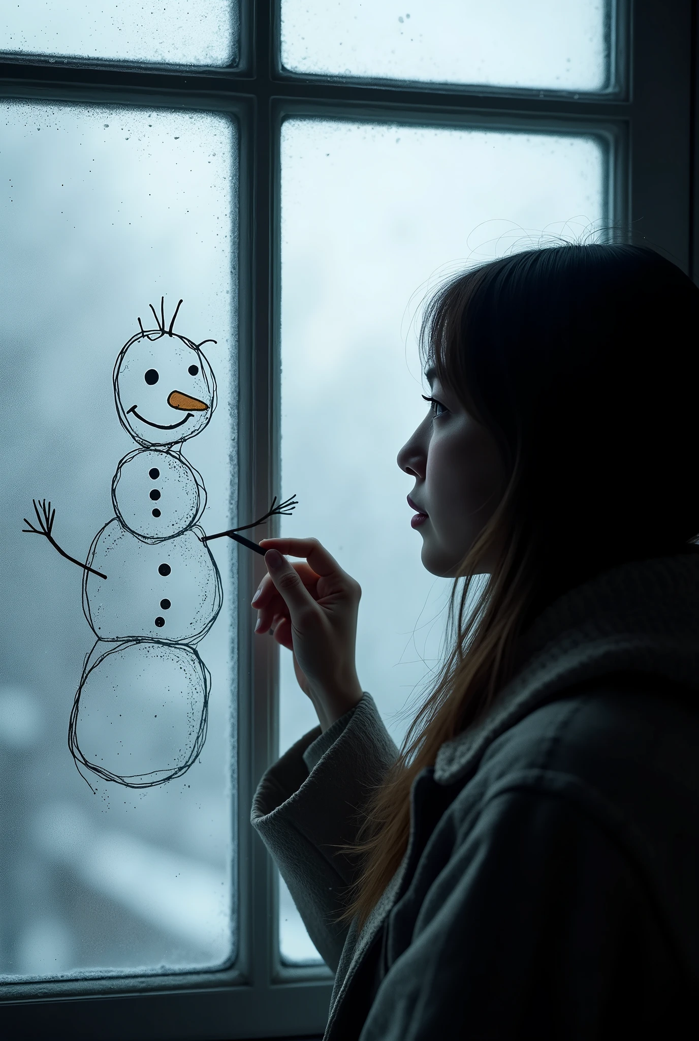 (UHD, best quality, highres icon), photo realistic:1.5, 1woman, Window,  write with your finger on the cloudy window\Snow man doodle\ Water Drops Falling ,  indoor