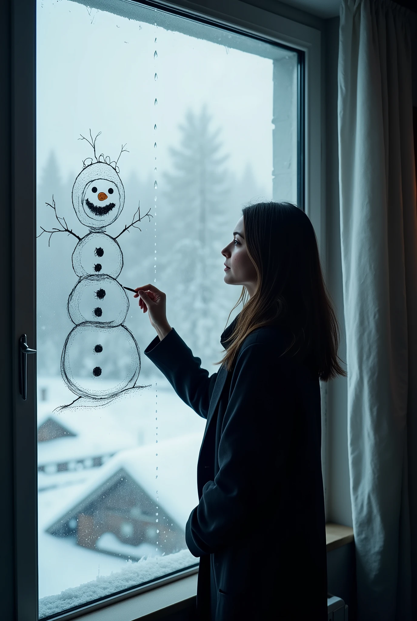 (UHD, best quality, highres icon), photo realistic:1.5, 1woman, Window,  write with your finger on the cloudy window\Snow man doodle\ Water Drops Falling ,  indoor