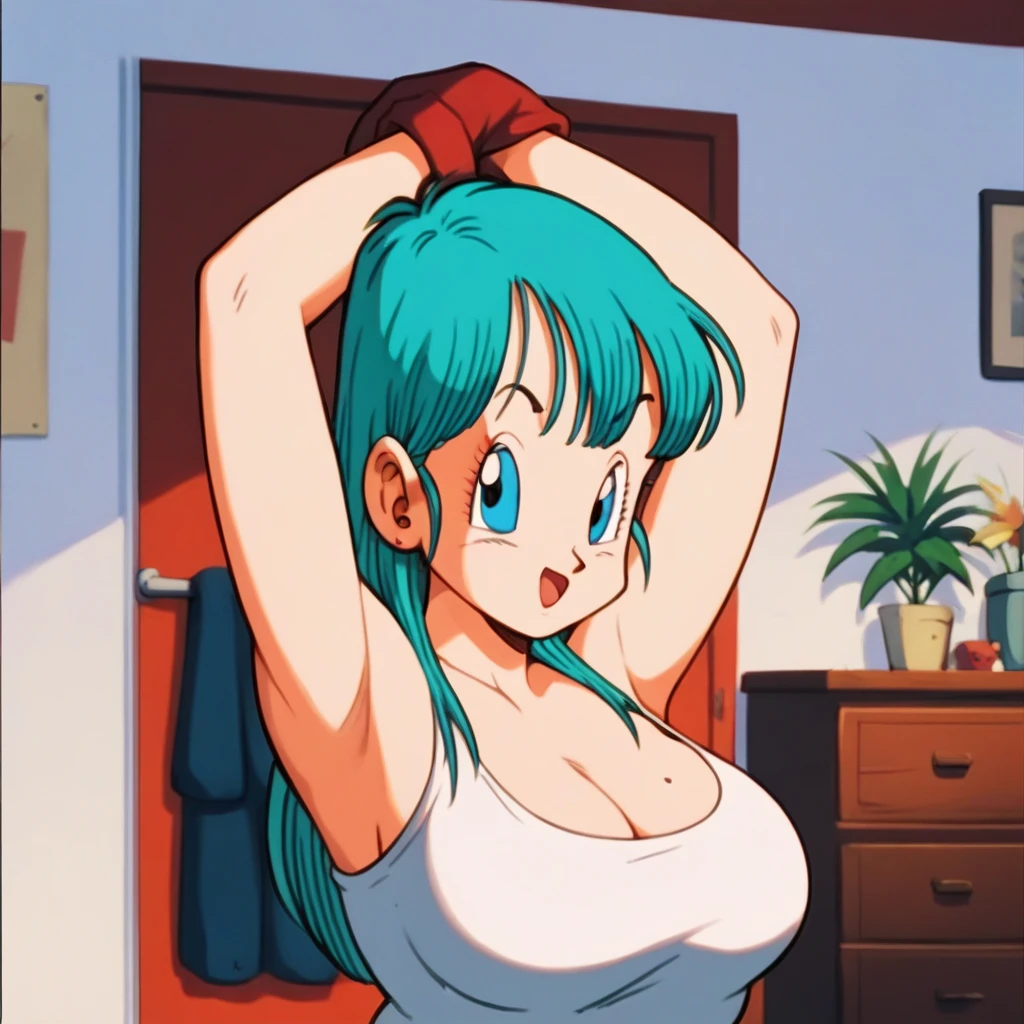 Bulma,( dragon ball\),  long hair, Aqua Hair, blue eyes wristwatch, white tank top,   bare shoulders, clavicle,   inner room  ,  big breasts and big butt ,  raising arms to the sides, armpit, sexy, chubby, 