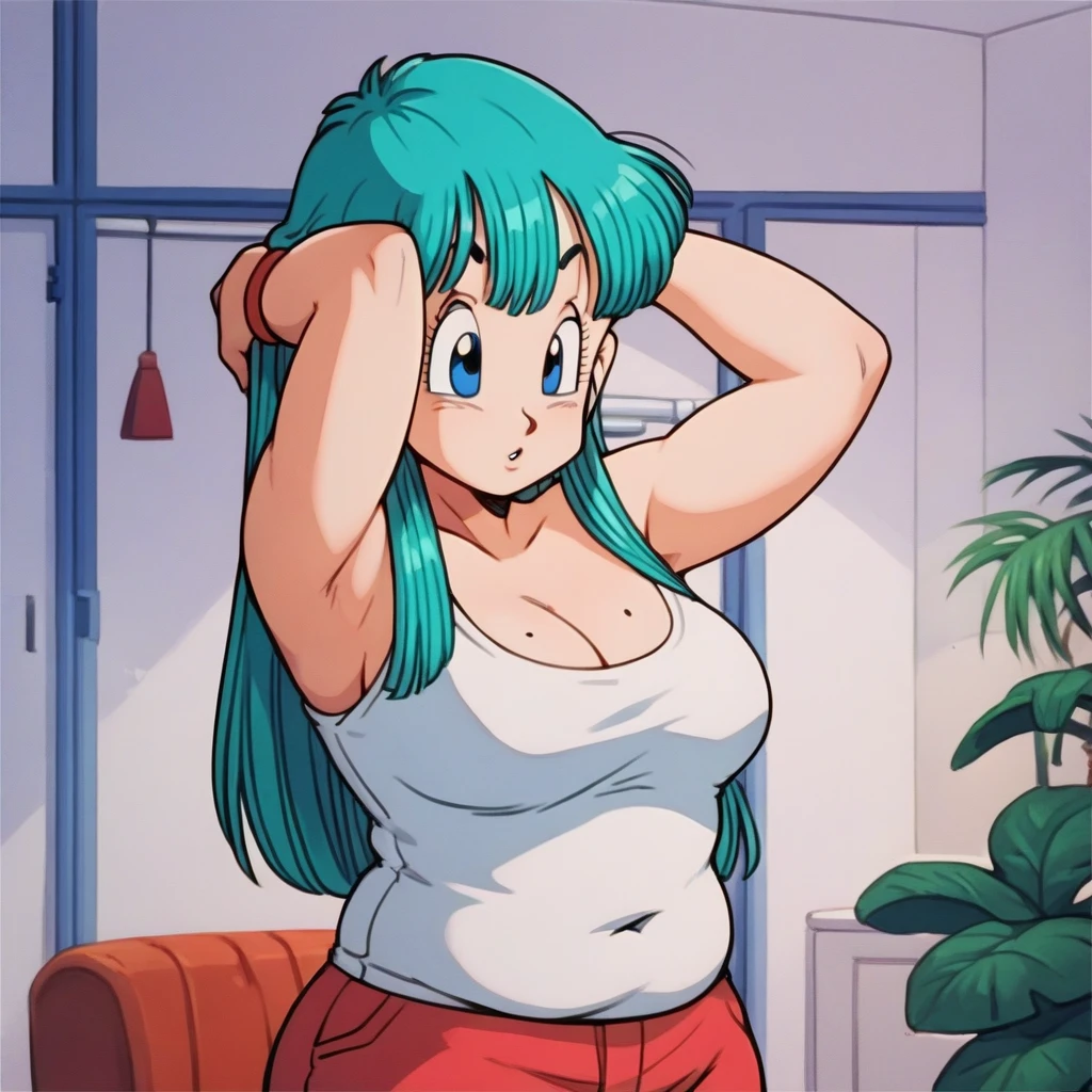 Bulma,( dragon ball\),  long hair, Aqua Hair, blue eyes wristwatch, white tank top,   bare shoulders, clavicle,   inner room  ,  big breasts and big butt ,  raising arms to the sides, armpit, sexy, chubby, 