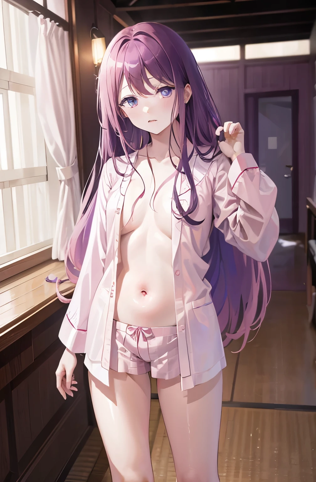 
 random poses 、Glamorous expression、nsfw、Light purple hair、 semi-long hair、 pale purple eyes 、Acme Face、 random poses 、、nsfw、yukata、Yukata、Light purple hair、 semi-long hair、 pale purple eyes 、break (pink theme:1.4), (tucked-out tweed pattern pajamas:1.3), (long sleeve:1.2), (short culottes:1.3), (Bare legs:1.2),open clothes, show shoulder, show belly、bedroom