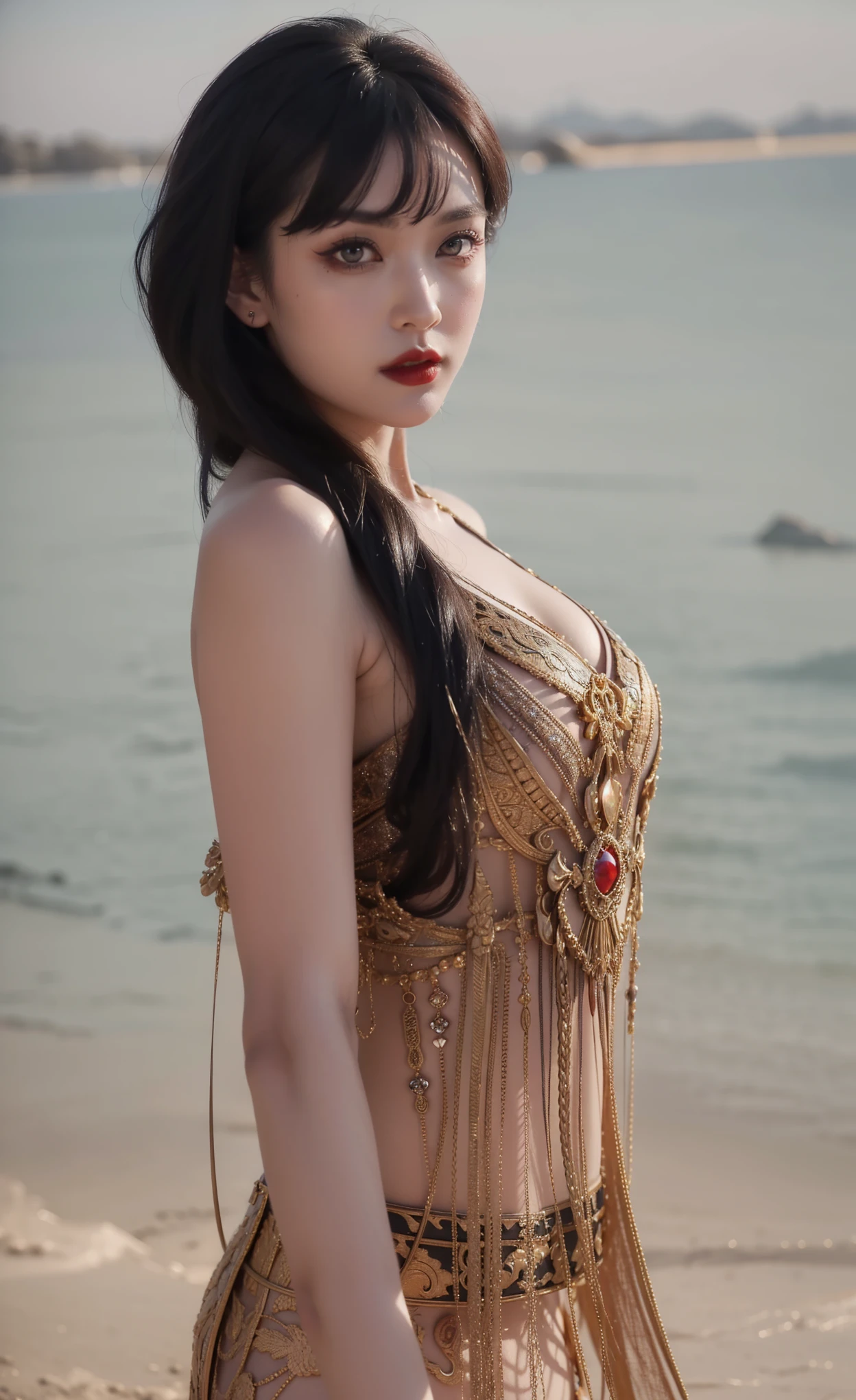 1 beautiful young princess, ((wearing a black armored dress with gold trim in ancient hanfu style:1.6)), (((Exquisite patterns on the skirt:1.6))), ((braided hair with long black bangs: 1.6)), ((long bangs:1.6)), ((hair jewelry:1.9)), ((upper body gold jewelry:1.9)), ((Very delicate gold necklaces:1.7)), ((earrings with emeralds:0.8)), noble, noble style of an extremely beautiful girl, super cute little face, very pretty face, fur thin eyebrows, flawless beautiful face, ((black eye pupils: 0.8)), very beautiful eyes, ((green eyes eyes: 1.6)), beautiful makeup and detailed hairdo, eyelashes, eye makeup wet, high nose, earrings, red lips, ((closed mouth: 1;5 )) beautiful lips, slim hands, ((arms spread out to the sides: 1.7)), rosy face, clean face, flawless beautiful face, smooth white skin, firm breasts, nice cleavage, ((super big and round breasts: 1.6)), beautiful breasts, perfect body, ((bent sitting position:1.6)), 8k photos, super high quality, super realistic, super 10x pixels, optical, bright studio, bright edges, two-tone lighting, (high detail skin:1.2), super 8k, soft lighting , high quality, volumetric light, optical, optical high resolution, light, best photo, 4k, 8k quality, blur effect, smooth sharpness, 10 x pixels, ((beach at night background:1.5)), aurora, lightning, super realistic graphics, most realistic graphics, alone, solo, Extremely sharp, surreal images, (((frontal portrait: 1.6)))."