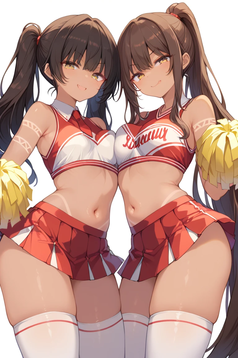 Two girls together,  the first girl ,( smug look ,  bicolor brown hair with red at the tips ,  hair tied in a long ponytail ,    golden eyes  ,   small breasts  ,   tanned skin, standing,  with tribal tattoos on the body,  wearing a red and black cheerleader uniform , wearing long black stockings ),  the second girl  (A girl,  brown hair ,  long hair with two small pigtails on the sides,  golden eyes ,  tanned skin, standing,  with tribal tattoos on the body,  very large breasts,  thick thighs,  wearing a blue and white cheerleader uniform ,   wearing long white stockings )