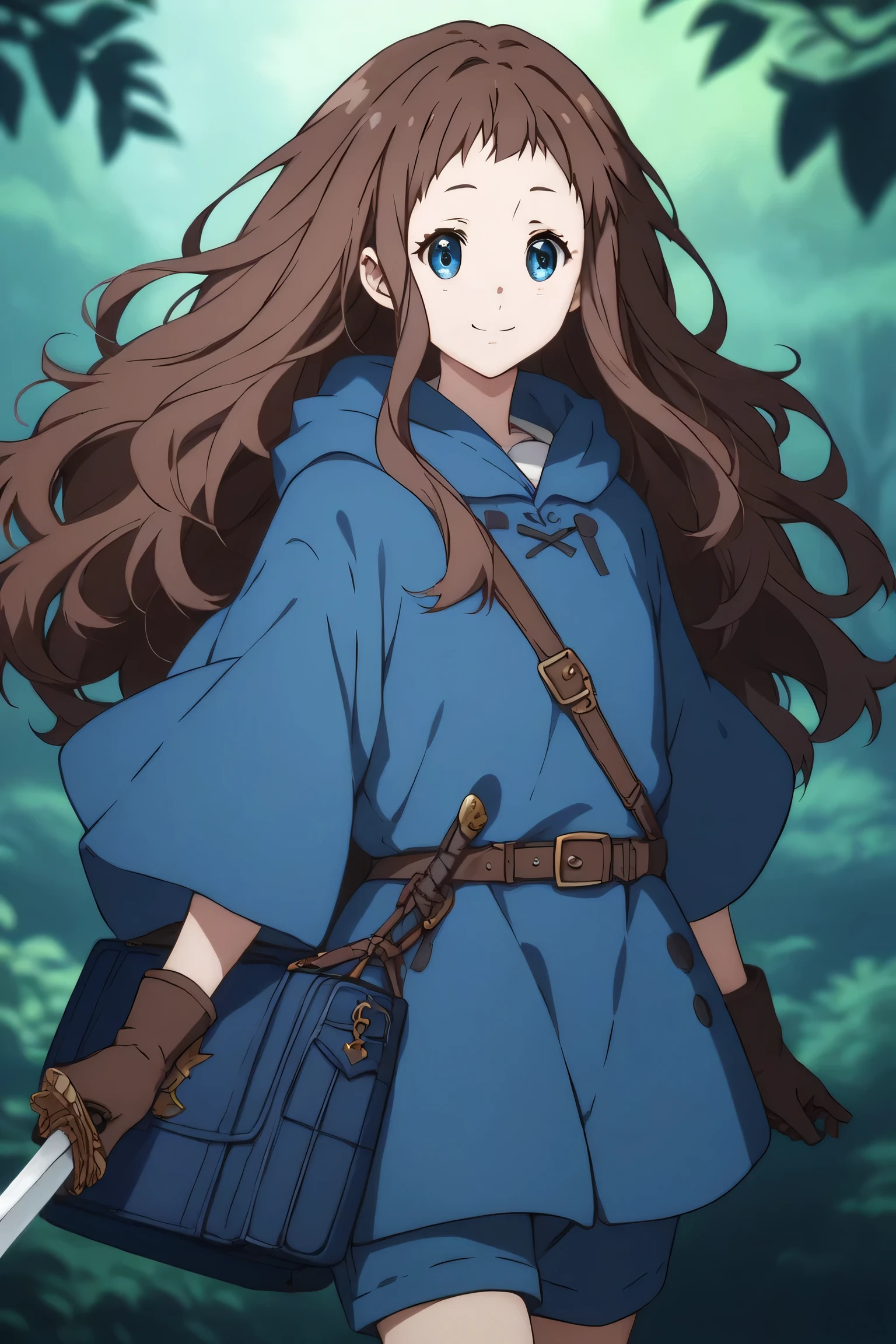 Ai shindou, masterpiece, Best Quality, vampire ,long hair, floating hair, brown hair, blue sea eye, deeper eyes, hoods, blue cloak, blue lightly tunic, gloves, Belt bag, blue shorts, Cowboy Shot, cute smile, dark forest, Looking at Viewer, take a sword and white mask