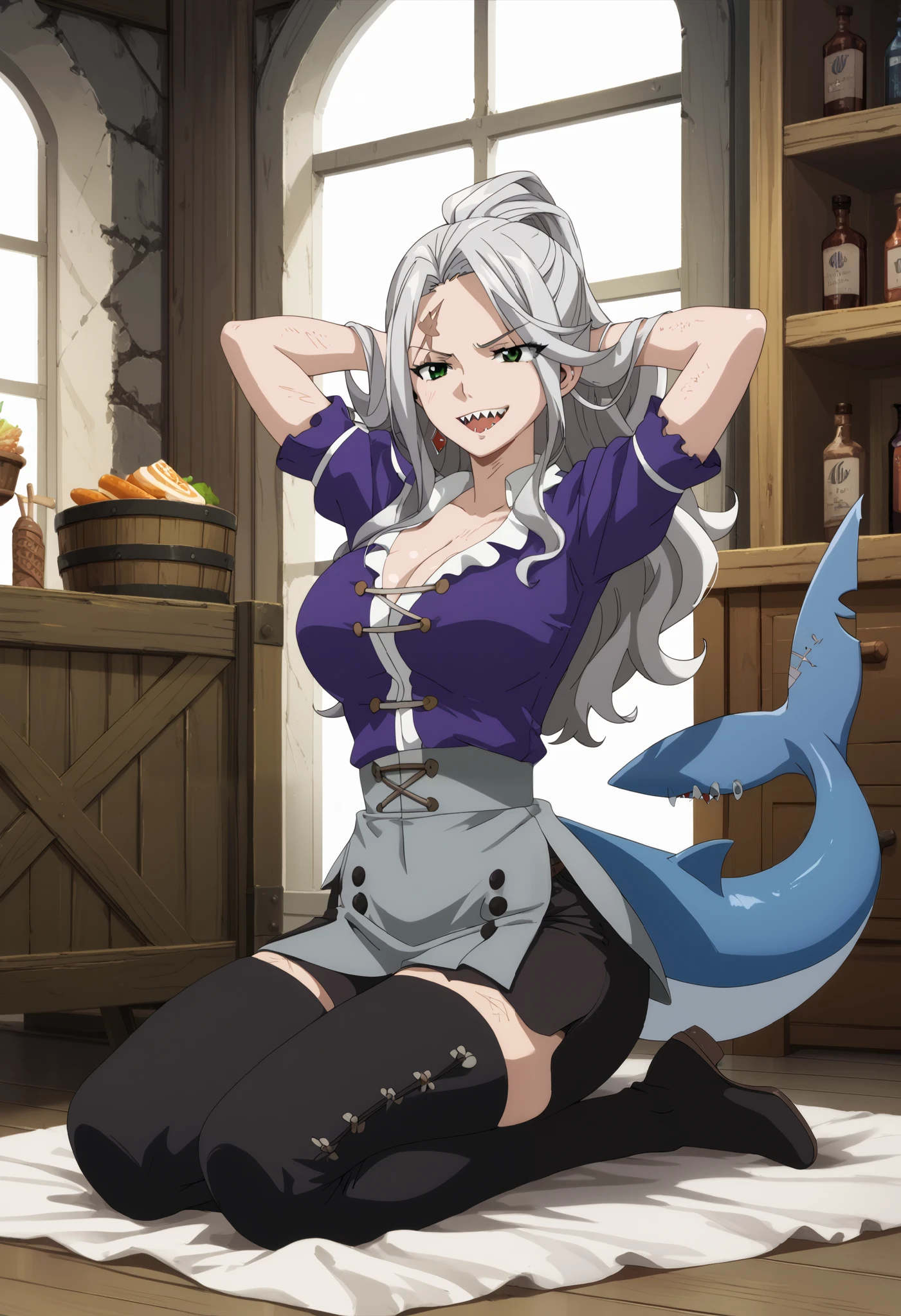 ((masterpiece)), 1girl, solo, long hair, grey hair, smug face, hands behind the head, large breasts, large ass, kneeling, demi-human, medieval pirate clothes, shorts, thick hair, sharp teeth, mature woman, full body, thresher shark tail, scar on belly, green eyes, grey clothes, purple clothes, multicolored clothes.