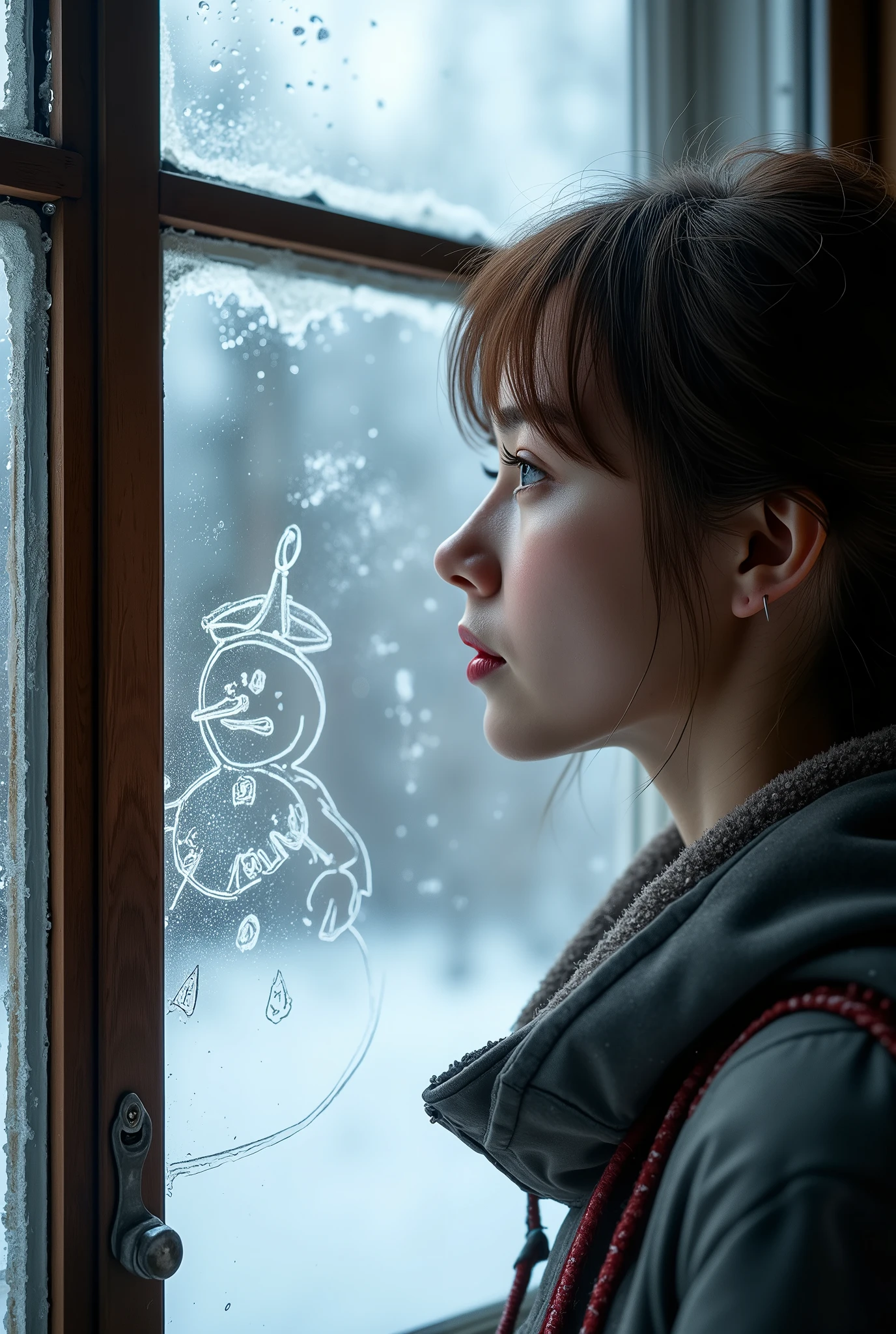 (UHD, best quality, highres icon), photo realistic:1.5, 1woman, Window,  Paint with drops of water on a window\Snow man doodle\ Water Drops Falling ,  indoor, Snow Scene\outdoor