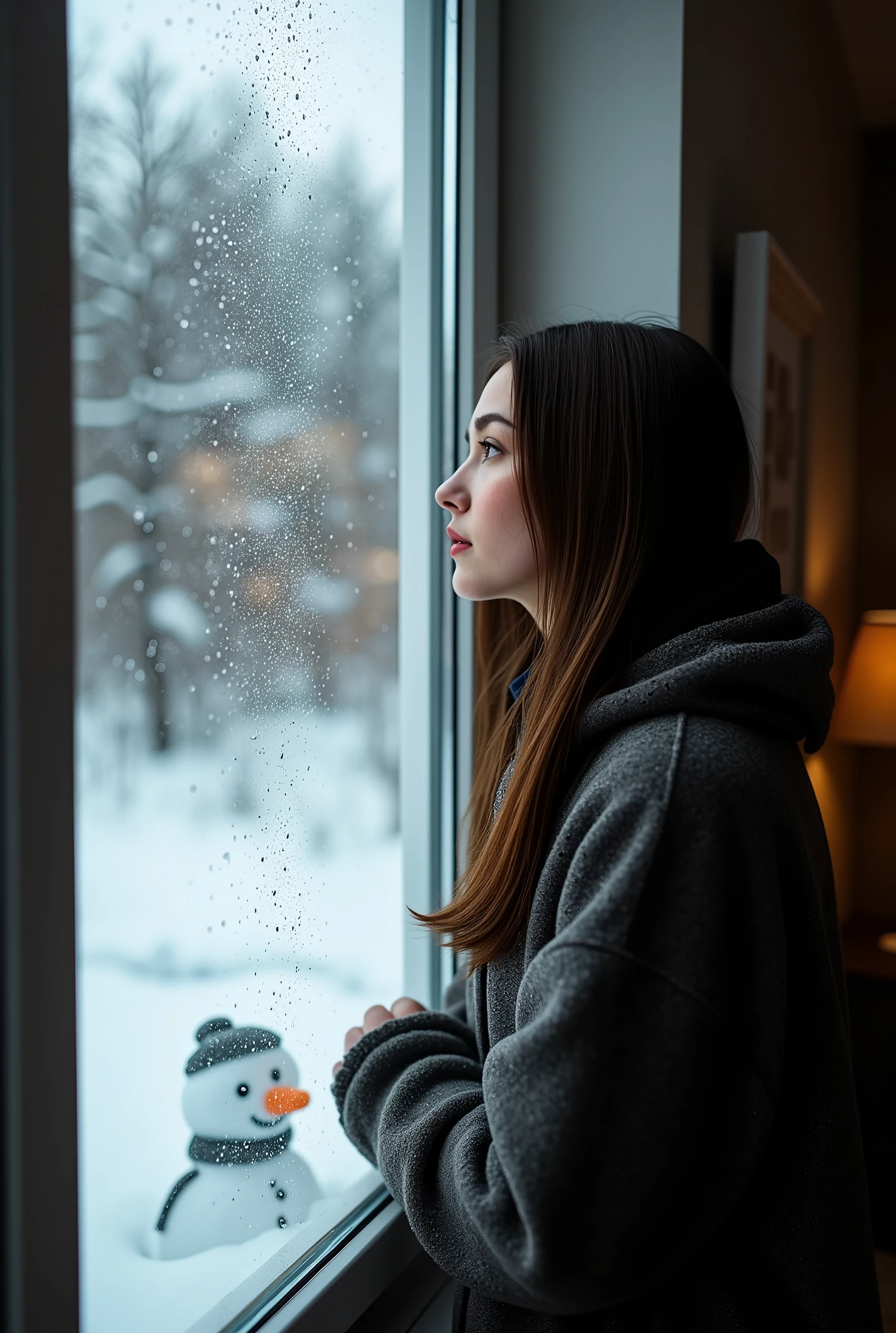 (UHD, best quality, highres icon), photo realistic:1.5, 1woman, Window,  Paint with drops of water on a window\Snow man doodle\ Water Drops Falling ,  indoor, Snow Scene\outdoor