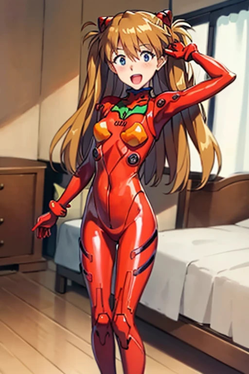 (( top quality)), ((masterpiece)), (be familiar with),  perfect face, indoor, bedroom,  watching viewers ,
One woman,  Soryu Asuka Langley,
 open mouth,  with an ecstatic expression , blush, smile,
 small tits,  flat chested, Young girl, Lori,  s,  girl,
 long hair,  twin tails,
Leg spread,