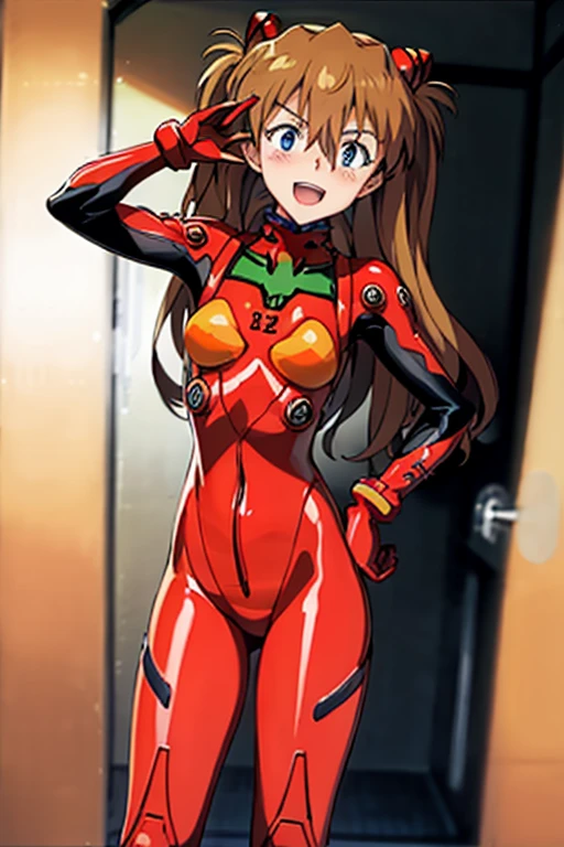 (( top quality)), ((masterpiece)), (be familiar with),  perfect face, indoor, bedroom,  watching viewers ,
One woman,  Soryu Asuka Langley,
 open mouth,  with an ecstatic expression , blush, smile,
 small tits,  flat chested, Young girl, Lori,  s,  girl,
 long hair,  twin tails,
Leg spread,