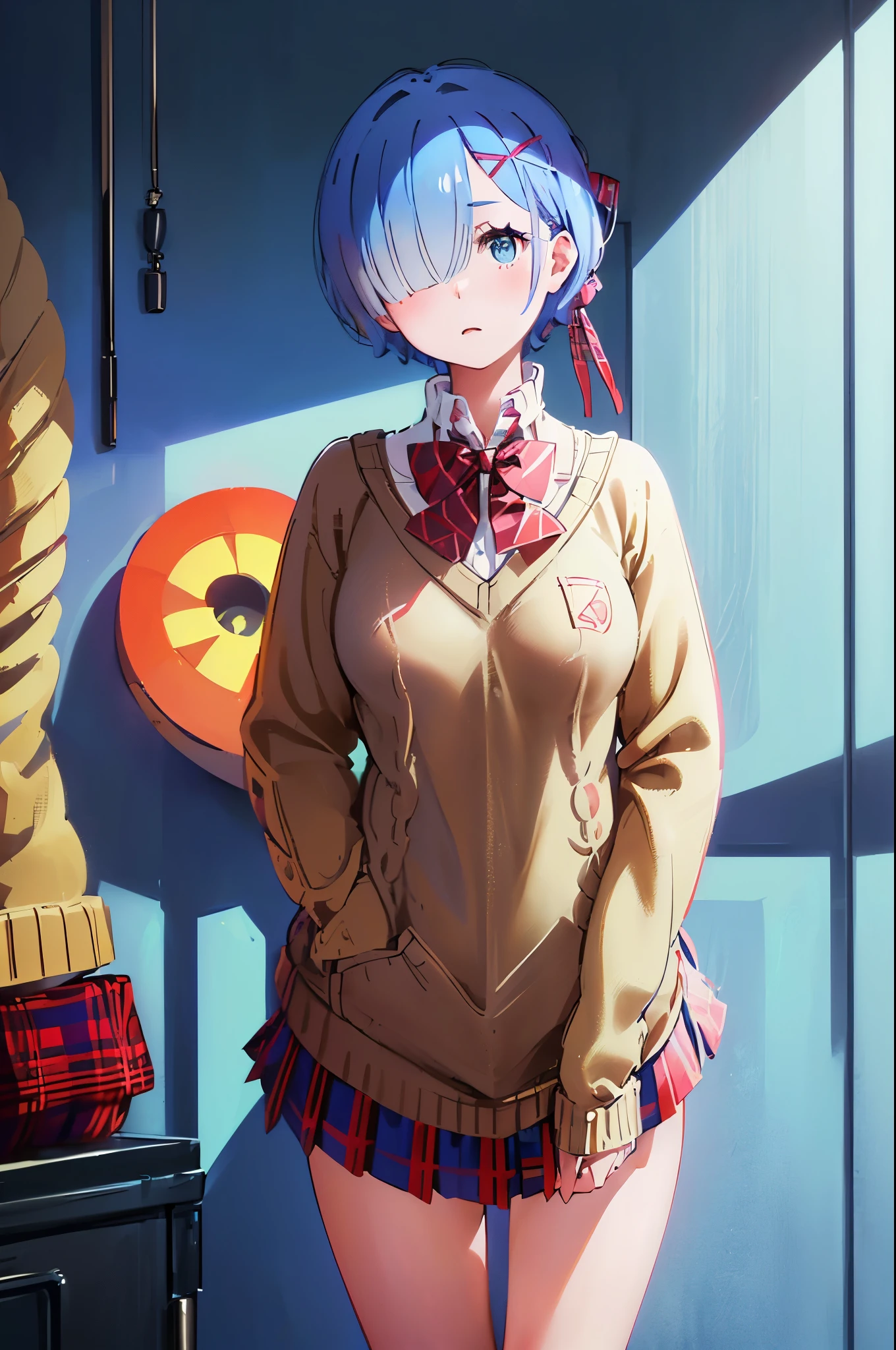 School Classroom、 random poses 、 hair over one eye, blue hair, short hair,(School Uniforms:1.3), (wear a beige knit-sweater over a white collared-shirt:1.4), (tucked out sweater, sweater pull:1.3), (red bow:1.4), (plaid pattern pleated skirt:1.3), School Classroom
