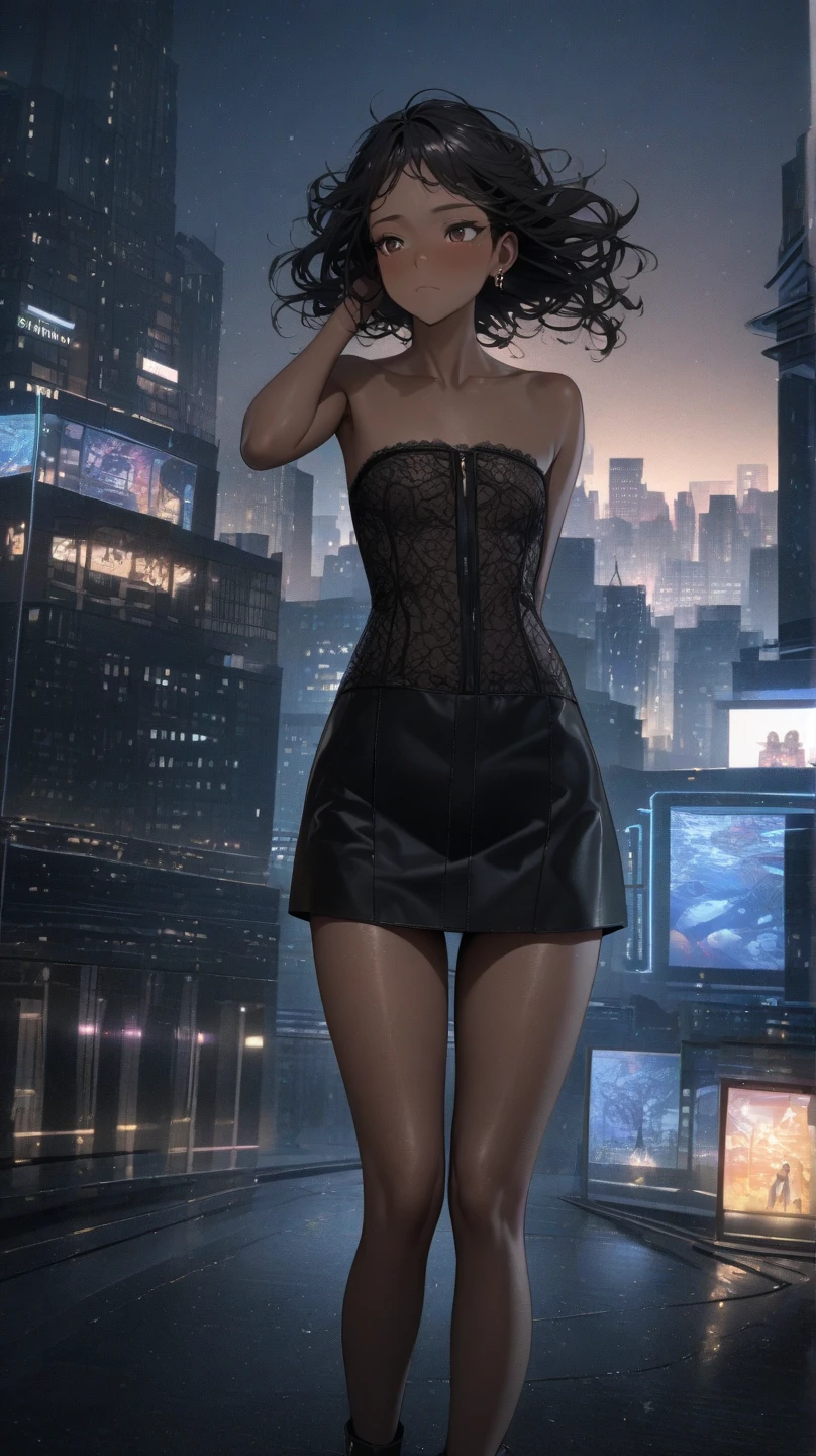 (((Adult trans woman)): (thigh short miniskirt, strapless lace top corset, brown eyes, brown skin, showing the whole body, ((black short wavy hair)), ((High heel leather boots ). Closed mouth )); full body shot, ((standing in park at night)), city background. High quality. 4k, 8k, many details. Masterpiece, accurate, anatomically correct, posing, detailed background, better quality, original work, Focus on details, people's watching around, Front view, hand in hair, earrings, wind blowing, down view, open legs, light freckles, blushing, flat chest, skinny, upskirt