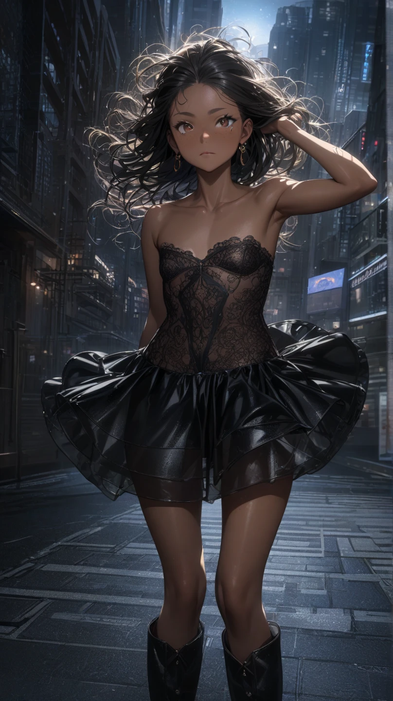 (((Adult trans woman)): (thigh short miniskirt, strapless lace top corset, brown eyes, brown skin, showing the whole body, ((black short wavy hair)), ((High heel leather boots ). Closed mouth )); full body shot, ((standing in park at night)), city background. High quality. 4k, 8k, many details. Masterpiece, accurate, anatomically correct, posing, detailed background, better quality, original work, Focus on details, people's watching around, Front view, hand in hair, earrings, wind blowing, down view, open legs, light freckles, blushing, flat chest, skinny, upskirt