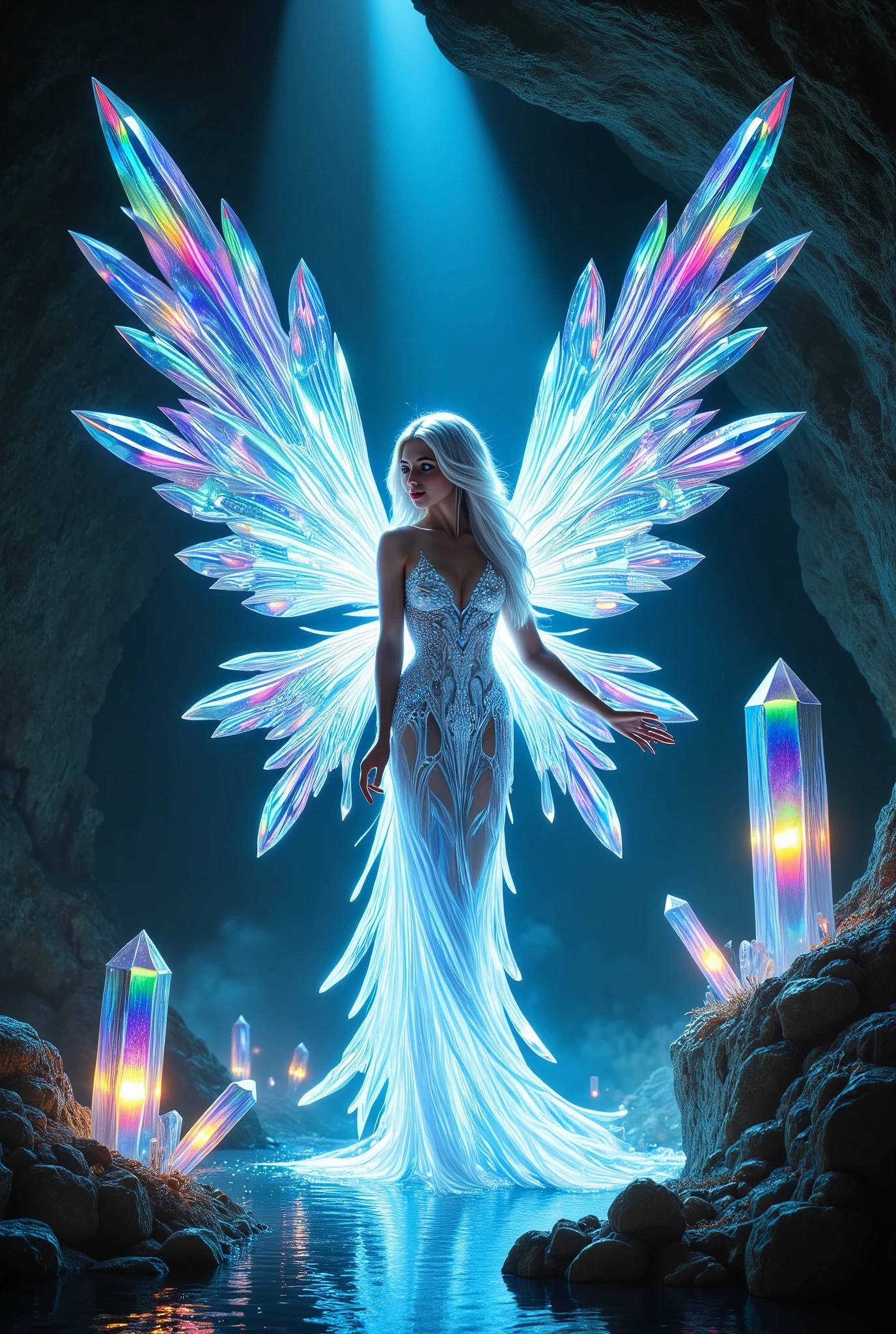 ((masterpiece)) ((photography)) ((Highest quality)) A hyper-realistic full-body illustration of a magical crystal fairy inside a luminous cave. The fairy has solid, crystallized wings that resemble sharp, faceted quartz, catching and refracting the bioluminescent glow from the surrounding crystals in vibrant shades of blue, green, and violet. Her shimmering gown is crafted from delicate, angular crystal pieces, blending with her glowing, glass-like skin. Her hair cascades like molten silver, faintly illuminated, while her serene gaze reflects the beauty of her cavernous home. The cave walls are covered in clusters of bioluminescent crystals, casting prismatic light patterns across the cavern floor and the underground pool at her feet, creating a magical and awe-inspiring atmosphere.