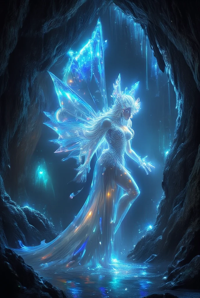 ((masterpiece)) ((photography)) ((Highest quality)) A hyper-realistic full-body illustration of a magical crystal fairy inside a luminous cave. The fairy has solid, crystallized wings that resemble sharp, faceted quartz, catching and refracting the bioluminescent glow from the surrounding crystals in vibrant shades of blue, green, and violet. Her shimmering gown is crafted from delicate, angular crystal pieces, blending with her glowing, glass-like skin. Her hair cascades like molten silver, faintly illuminated, while her serene gaze reflects the beauty of her cavernous home. The cave walls are covered in clusters of bioluminescent crystals, casting prismatic light patterns across the cavern floor and the underground pool at her feet, creating a magical and awe-inspiring atmosphere.