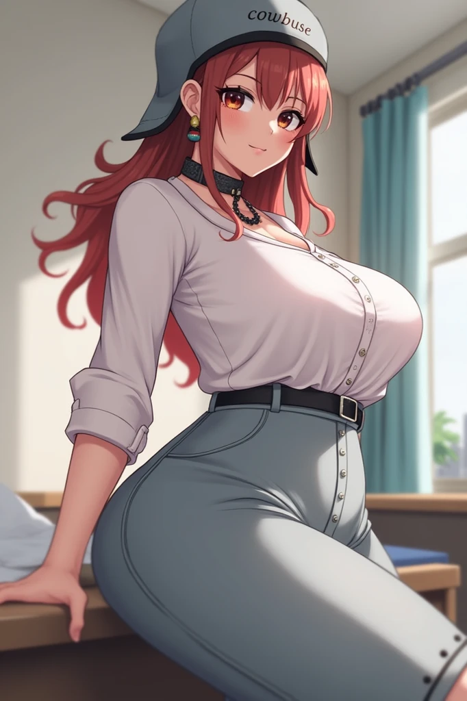 (high quality,Very detailed:1.37, High resolution), 2d, anime, anime style, anime source, Woman, Erza, red hair, dress, extremely long skirt, (pencil skirt:1.25), pantyhose, cleavage, hair over one eye, large breasts, long hair, looking at viewer, brown eyes, masterpiece, best quality, (wetting herself:1.5), embarrassed, humiliation, blushing, standing, (arms behind back:1.5), bondage, bound