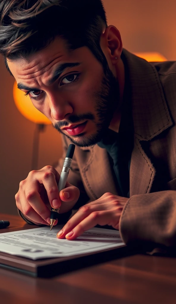 a man writing task on paper with modern pen, highly detailed man, detailed face features, photo-realistic, intricate details, dramatic lighting, warm color tones, cinematic composition, masterpiece, 8k, hyper-realistic, sharp focus, professional photography