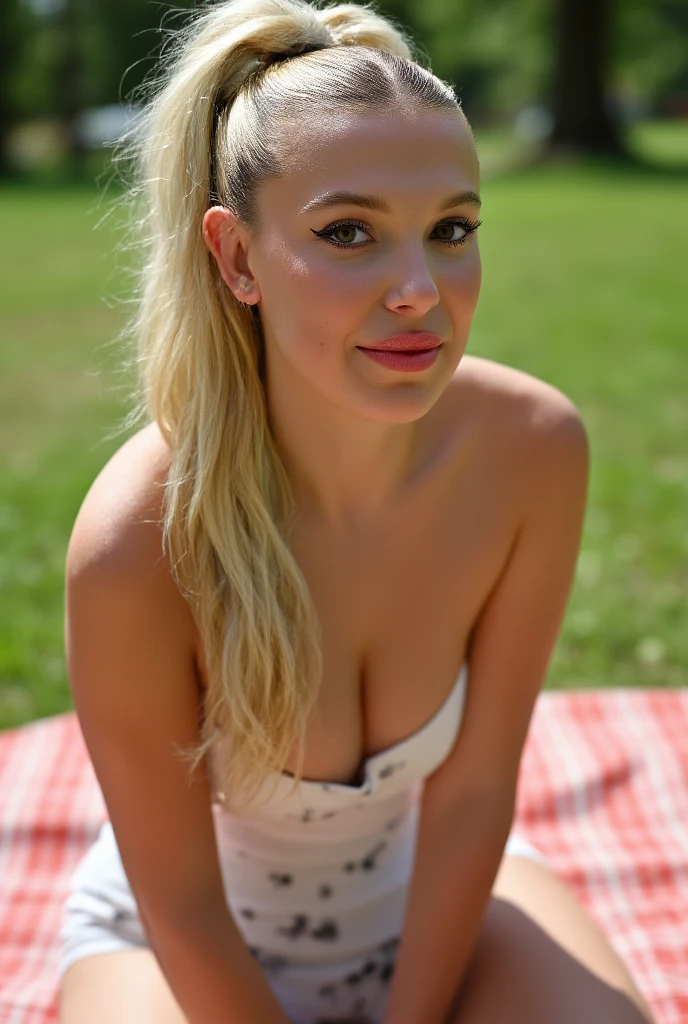 (photorealistic, raw, film photo, unsaturated) full body portrait of a beautiful girl, smiling, skinny fit, sundress, sitting on picnic blanket in park, sharp focus, detailed features and eyes, bleached blonde hair in high ponytail, super long hair, bursting breasts, cleavage, large breasts, flirty, sexy, heavy make-up, mascara, long eye-lashes, big eyes, 