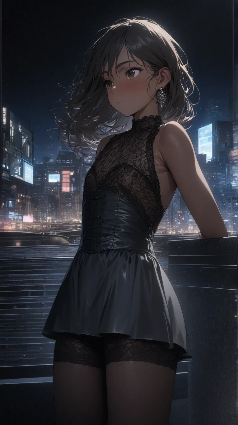 (((Adult trans woman)): (thigh short miniskirt, strapless lace top corset, brown eyes, brown skin, showing the whole body, ((black short wavy hair)), ((High heel leather boots ). Closed mouth )); full body shot, ((standing in park at night)), city background. High quality. 4k, 8k, many details. Masterpiece, accurate, anatomically correct, posing, detailed background, better quality, original work, Focus on details, people's watching around, Front view, hand in hair, earrings, wind blowing, down view, open legs, light freckles, blushing, flat chest, skinny, upskirt, cock view, slopy penis