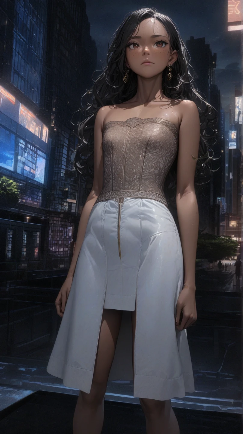 (((Adult trans woman)): (thigh short miniskirt, strapless lace top corset, brown eyes, brown skin, showing the whole body, ((black short wavy hair)), ((High heel leather boots ). Closed mouth )); full body shot, ((standing in park at night)), city background. High quality. 4k, 8k, many details. Masterpiece, accurate, anatomically correct, posing, detailed background, better quality, original work, Focus on details, people's watching around, Front view, hand in hair, earrings, wind blowing, down view, open legs, light freckles, blushing, flat chest, skinny, upskirt, cock view, slopy penis