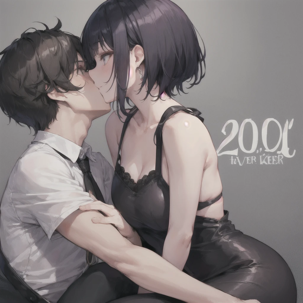 lover, and a boy dressed in black kiss (20 years old, short hair to be shouldered,Men&#39;s hairstyles, black hair)A girl standing (20 years old, black hair, short hair to be shouldered, bob hair)Close your eyes to ,loverのキスをする,  on a night illuminated background, glitter,beautiful,beautiful, high definition ,  top quality, 