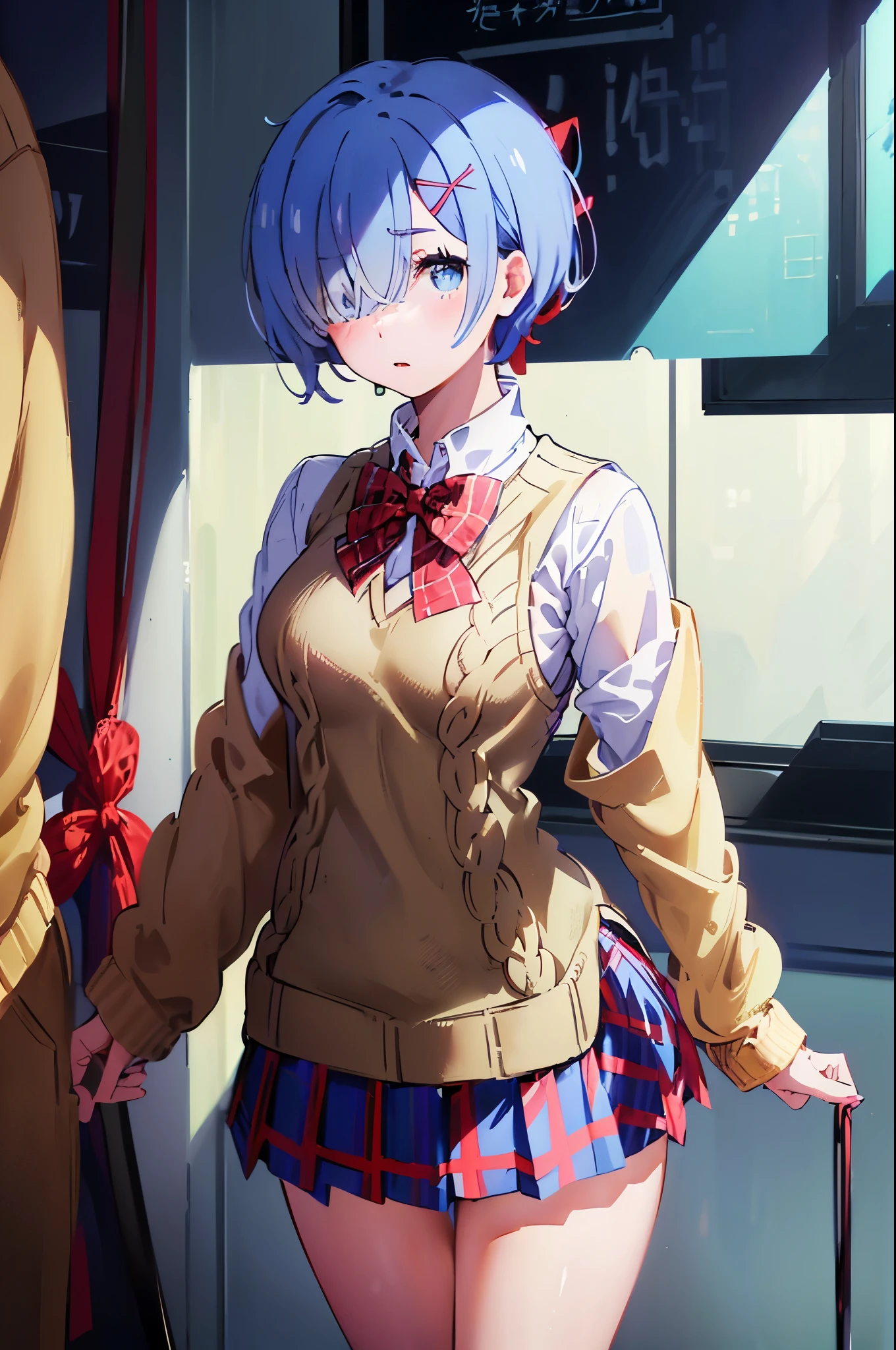 School Classroom、 random poses 、 hair over one eye, blue hair, short hair,(School Uniforms:1.3), (wear a beige knit-sweater over a white collared-shirt:1.4), (tucked out sweater, sweater pull:1.3), (red bow:1.4), (plaid pattern pleated skirt:1.3), School Classroom
