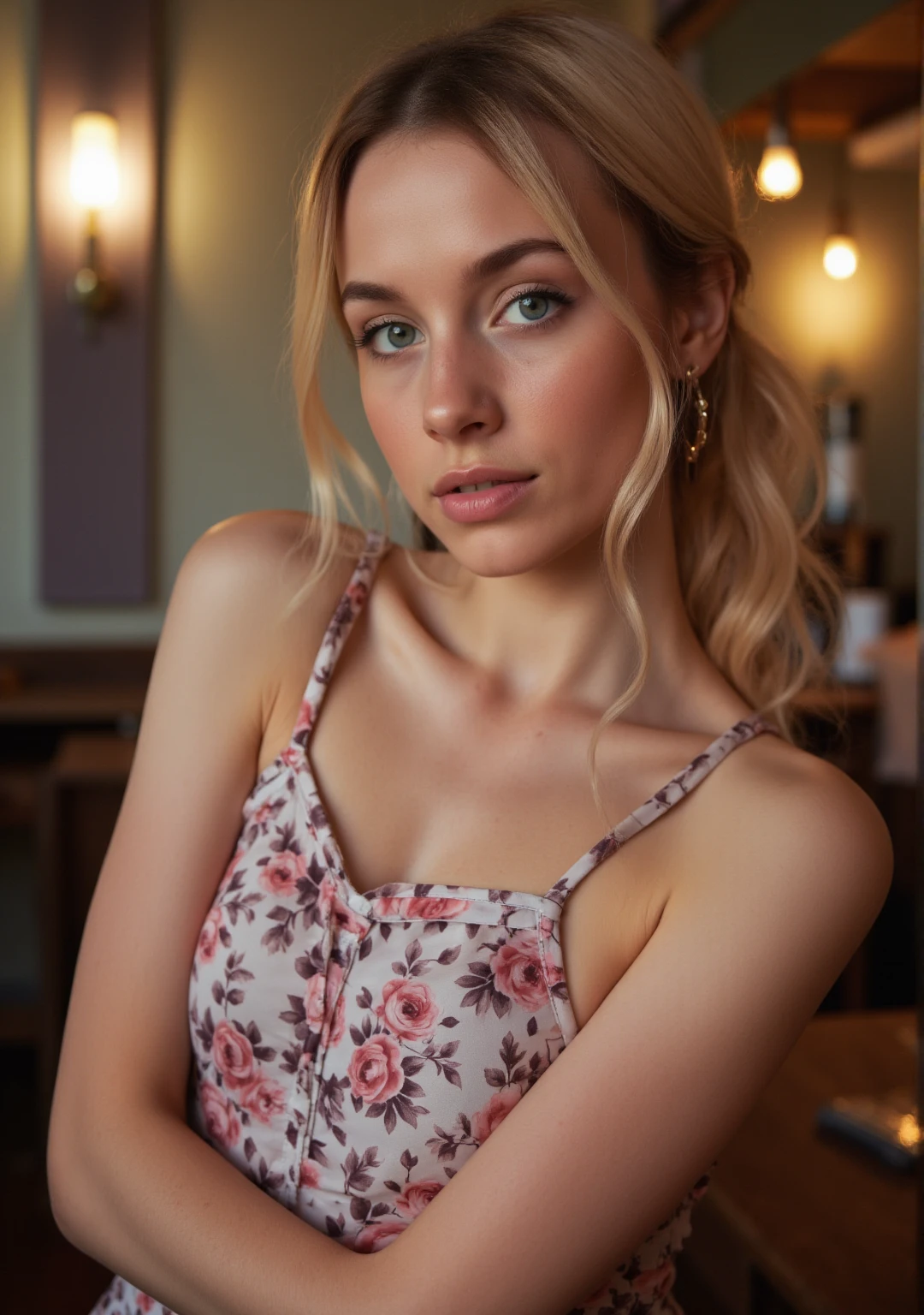 A highly realistic full-body representation of a young woman with fair skin, light blonde hair tied back in a casual ponytail, and light freckles on her cheeks. She has striking light eyes (possibly blue or green), delicate facial features, and natural makeup with a subtle lip tint, she is standing in a restaurant