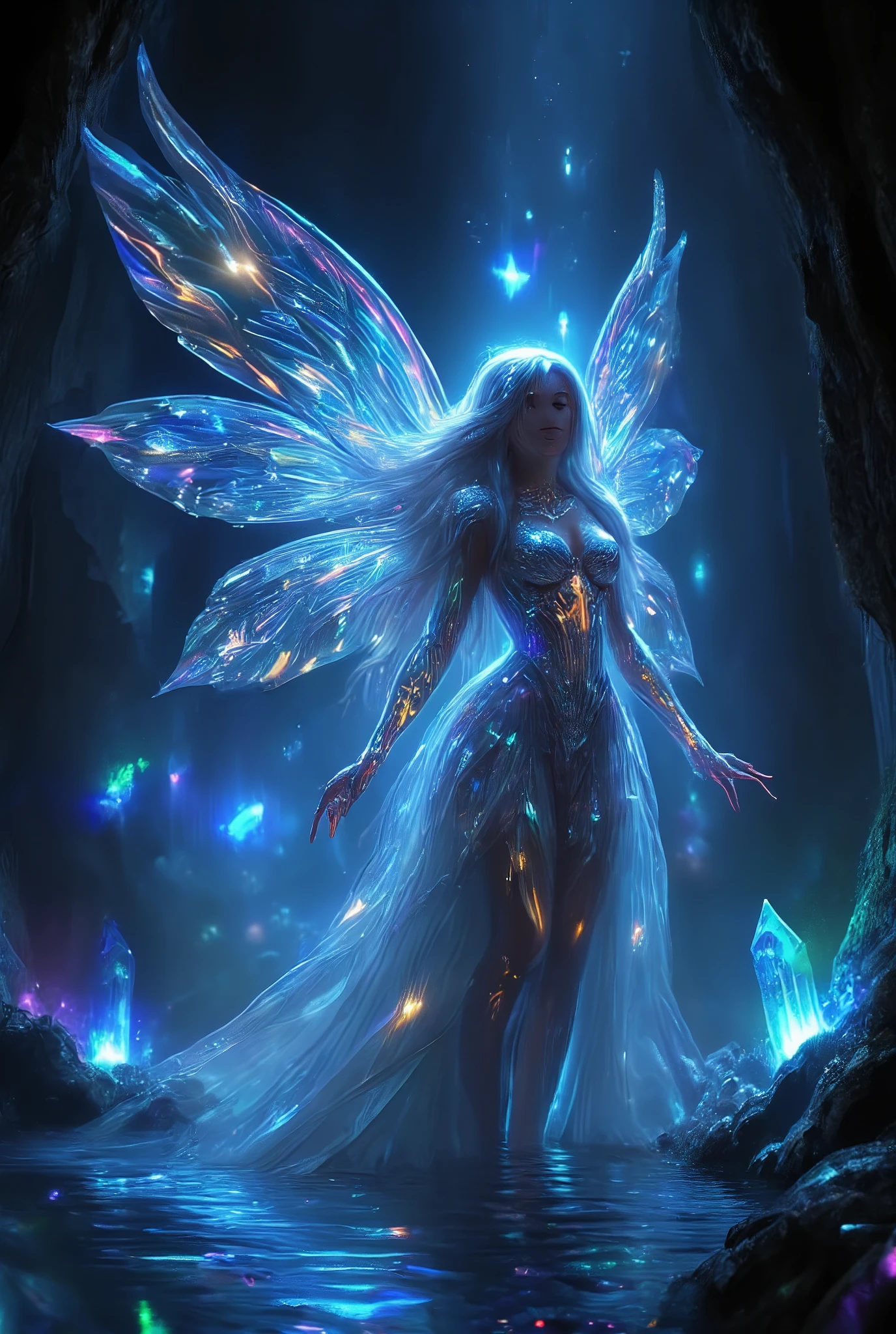 ((masterpiece)) ((photography)) ((Highest quality)) A hyper-realistic full-body illustration of a magical crystal fairy inside a luminous cave. The fairy has solid, crystallized wings that resemble sharp, faceted quartz, catching and refracting the bioluminescent glow from the surrounding crystals in vibrant shades of blue, green, and violet. Her shimmering gown is crafted from delicate, angular crystal pieces, blending with her glowing, glass-like skin. Her hair cascades like molten silver, faintly illuminated, while her serene gaze reflects the beauty of her cavernous home. The cave walls are covered in clusters of bioluminescent crystals, casting prismatic light patterns across the cavern floor and the underground pool at her feet, creating a magical and awe-inspiring atmosphere.