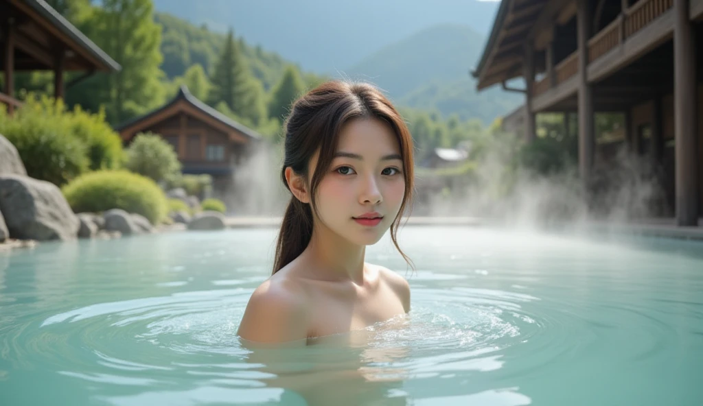 Masterpiece, highly detailed, high resolution, 16k, HD, Sharp Focus, of shoulder, profile view of 20 years old Kazakhstan girl, wet body, wooden bathub at moun