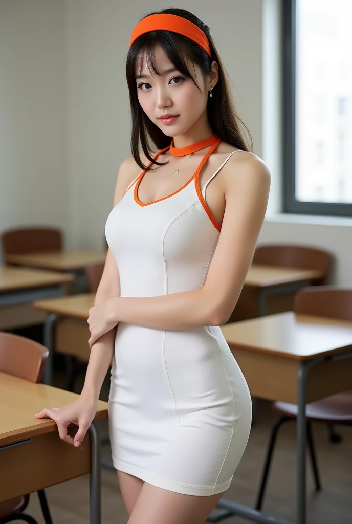 South Korean young nurse in thick curved thighs in white dress short orange tight latex short thighs tank dress,in classroom,thick body posing ideas, bigg bulging muscular thighs,headband, neckband