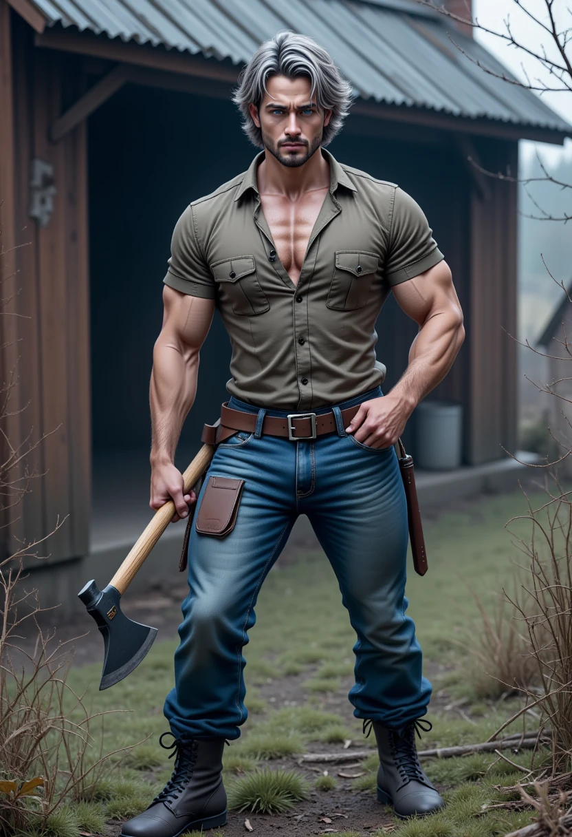 30 year old man,brutal,Jeans,no shirt, Work in the field, ardent, suntan, chops wood with an axe, Cowboy on the Ranch, serious(A detailed eye:1.3),BazleColor Eye,full bodyesbian