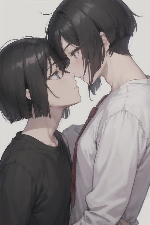  boy dressed in black( short hair to be shoulderedー, black hair)Girl standing ( black hair, short hair to be shouldered, bob hair)Kiss, Anime