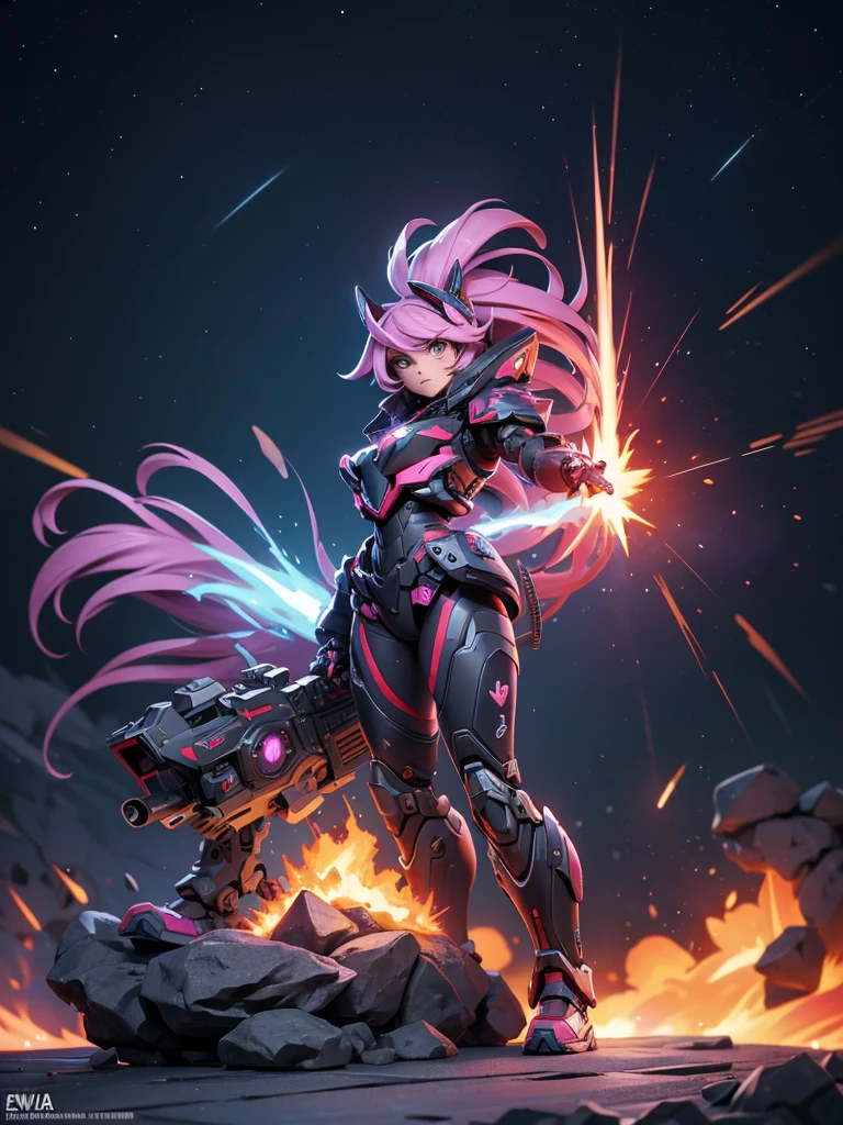( high quality,masterpiece:1.2), Ultra HD,( actual ,photo actual ,photo- actual :1.37),HDR, Ultra HD, Studio Lights , extreme detail description ,major, vivid colors ,Bokeh,Battle Mech, Heart Theme Symbols ,Love Guns ,action pose, Volcano Asteroids , metal armor,Purple and Fuchsia,explode,Dynamic Action, Burning Lava ) Note :  - Don't add any explanations or extra details to the tips.  - Please make sure the tips follow the format requirements above .
