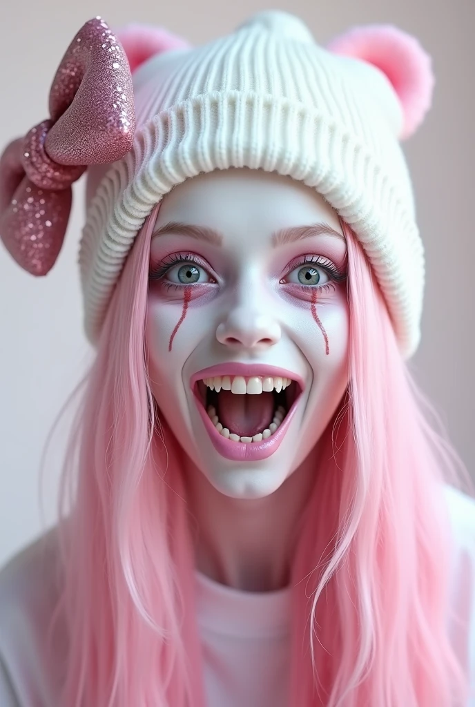 The image is a highly stylized, hyper-realistic CGI artwork featuring a white-skinned individual with a striking, exaggerated aesthetic. The subject has long, flowing, pastel pink hair that blends seamlessly with their skin tone. They wear a white, knitted beanie hat adorned with a large, sparkling pink bow on the left side, resembling Hello Kitty's iconic accessory.

The person's face is painted white, giving them an eerie, almost zombie-like appearance. Their eyes are wide open, and their mouth is open, revealing sharp, jagged teeth painted in a glossy pink.